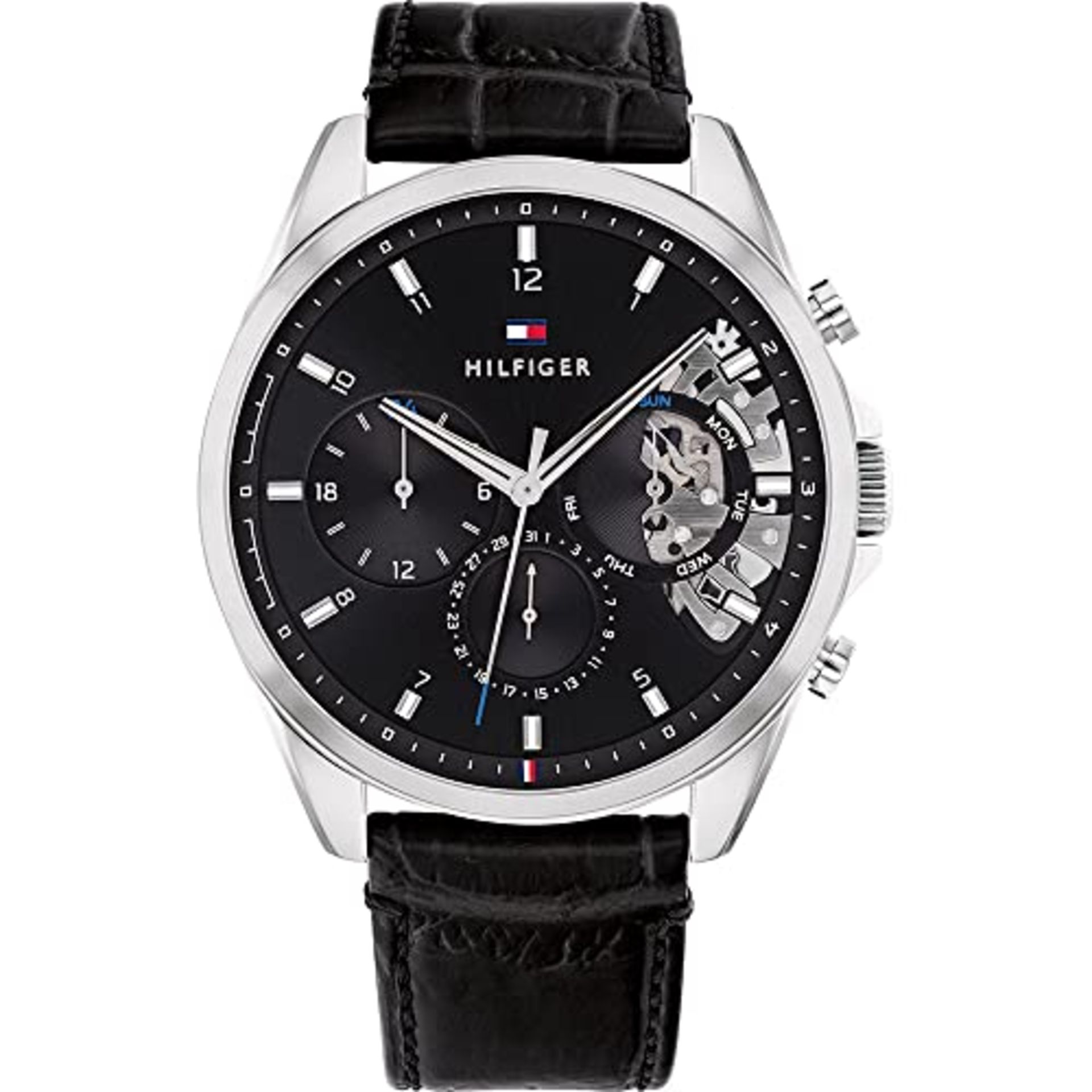 RRP £169.00 Tommy Hilfiger Men's Analog Quartz Multifunction Watch with Black Leather Strap - 1710