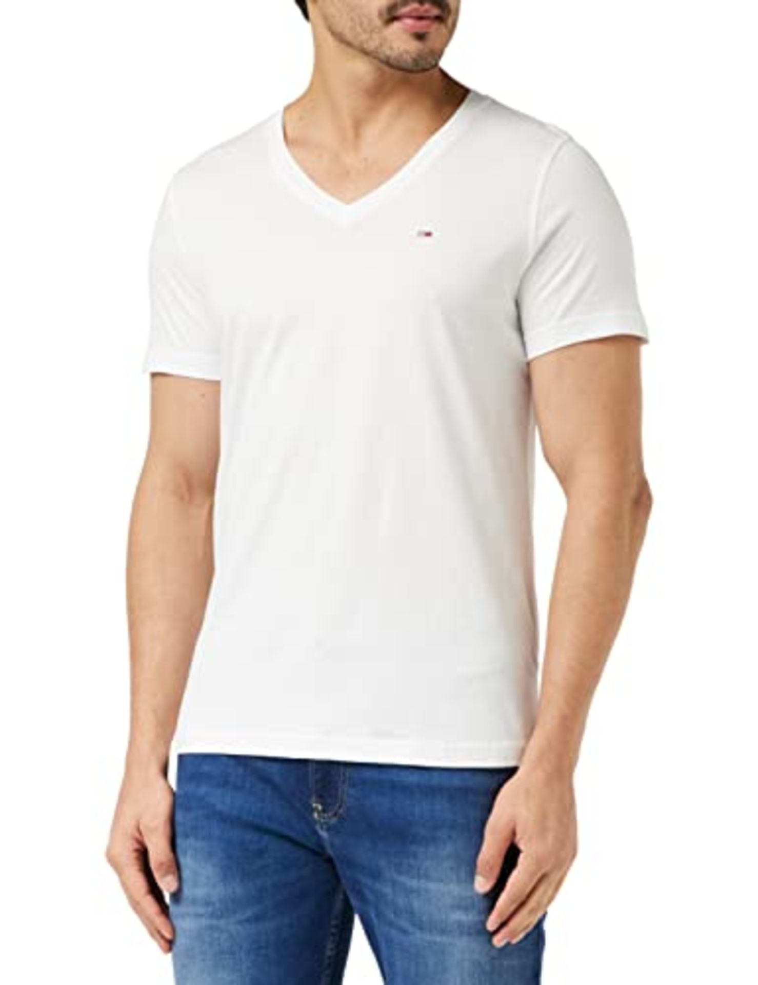 Tommy Hilfiger Tommy Jeans Men's Short Sleeve T-Shirt TJM Original V-Neck, White (Clas