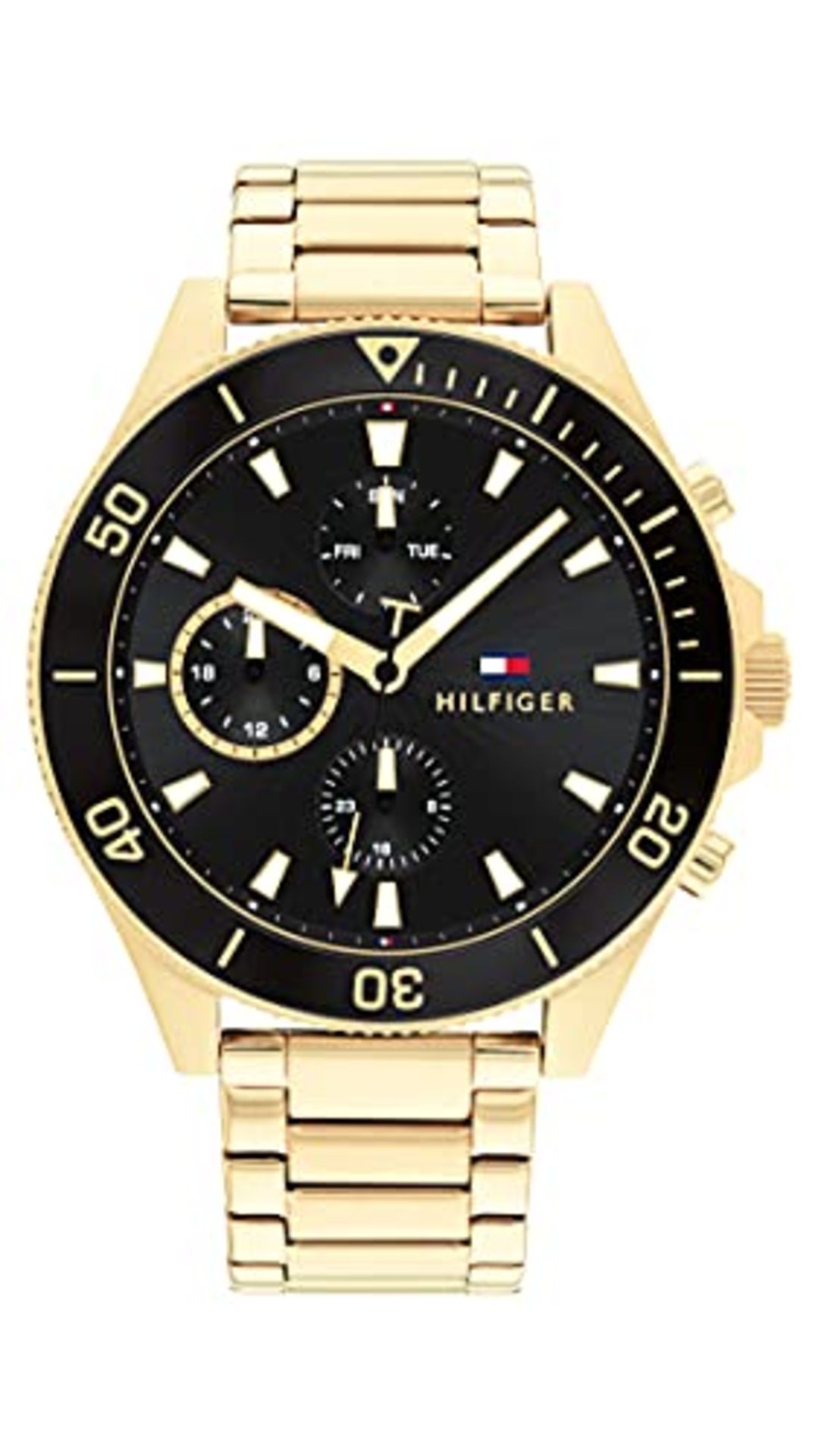 RRP £153.00 Tommy Hilfiger Multi Dial Quartz Watch for Men with Gold-Tone Stainless Steel Bracelet
