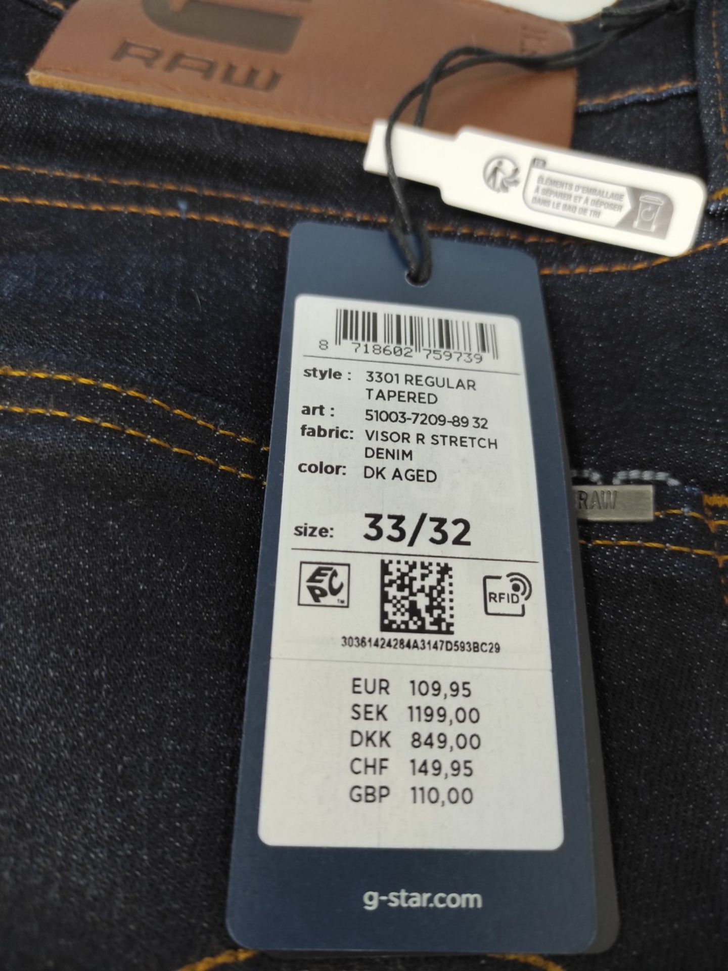 RRP £91.00 G-Star Raw 3301 Regular Tapered Jeans Jeans men, Blue (Dk Aged 7209-89), 33W / 32L - Image 3 of 3