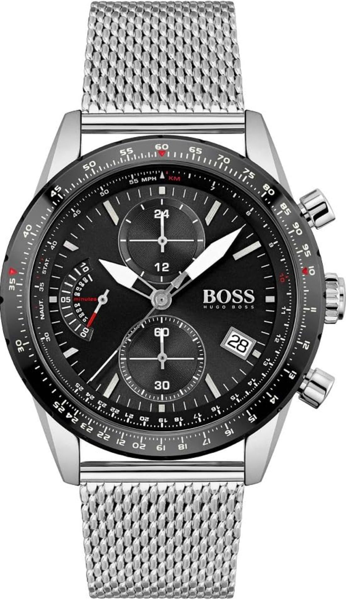 RRP £268.00 BOSS Chronograph Quartz Watch for Men with Silver Stainless Steel Mesh Bracelet - 1513