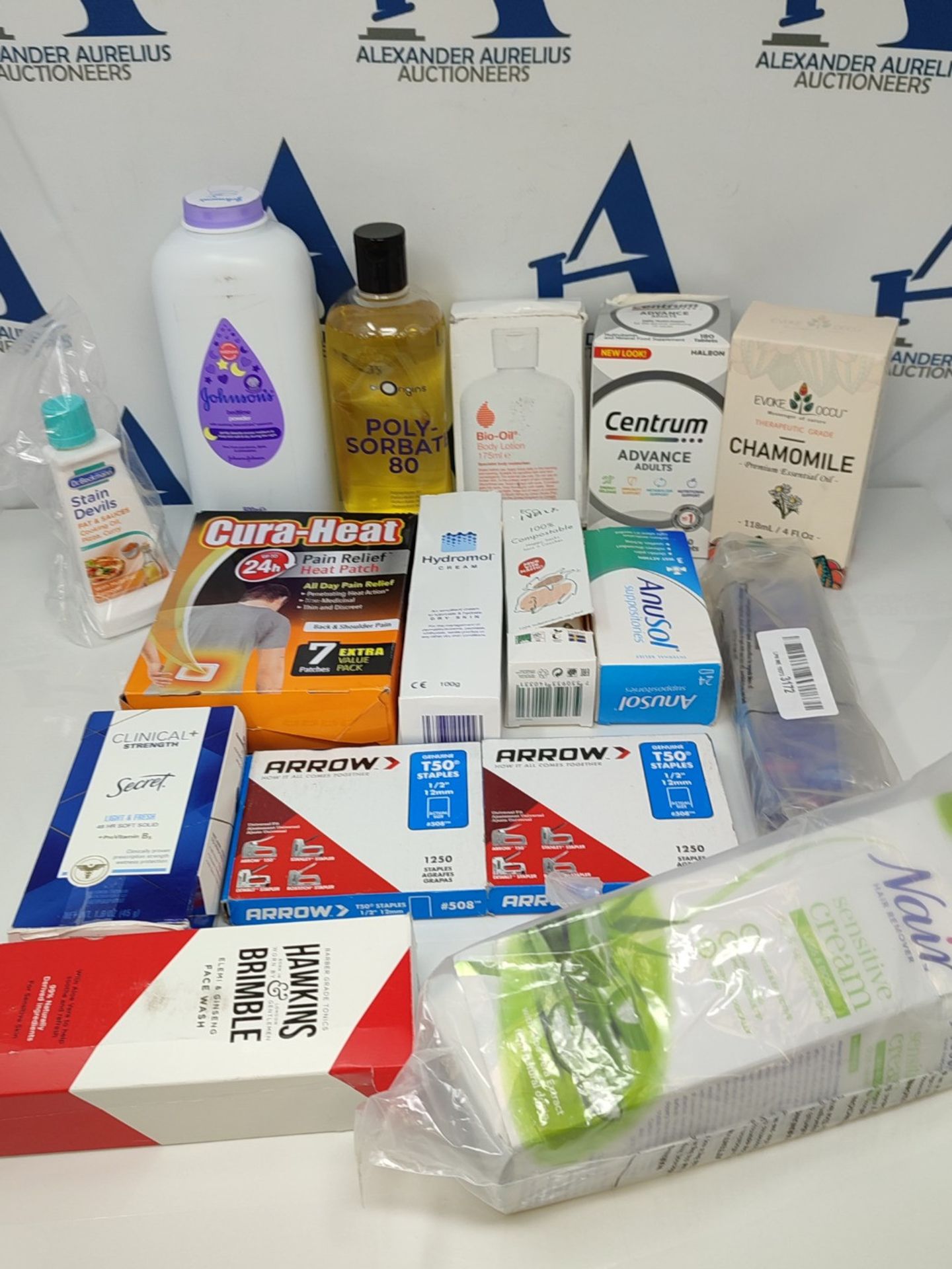 16 items of Pharmaceutical products and personal care: Hydromol, Centrum, Nair and mor