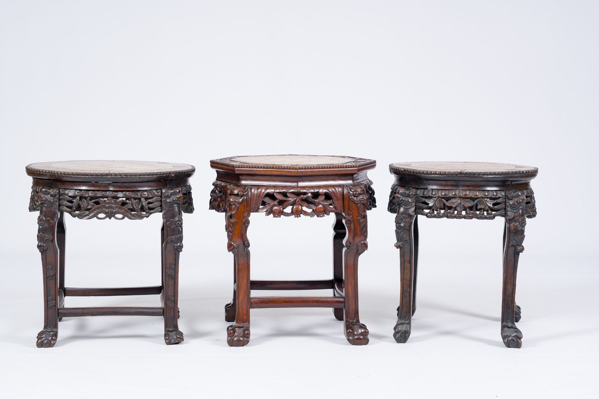 Three Chinese reticulated hardwood stands with marble tops, 20th C. - Image 3 of 7