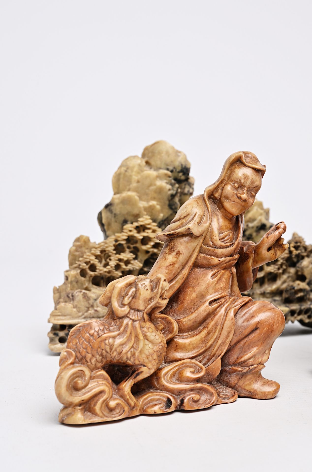 Five Chinese soapstone sculptures, three turquoise glazed lions and a pair of blue and white plates, - Image 8 of 24