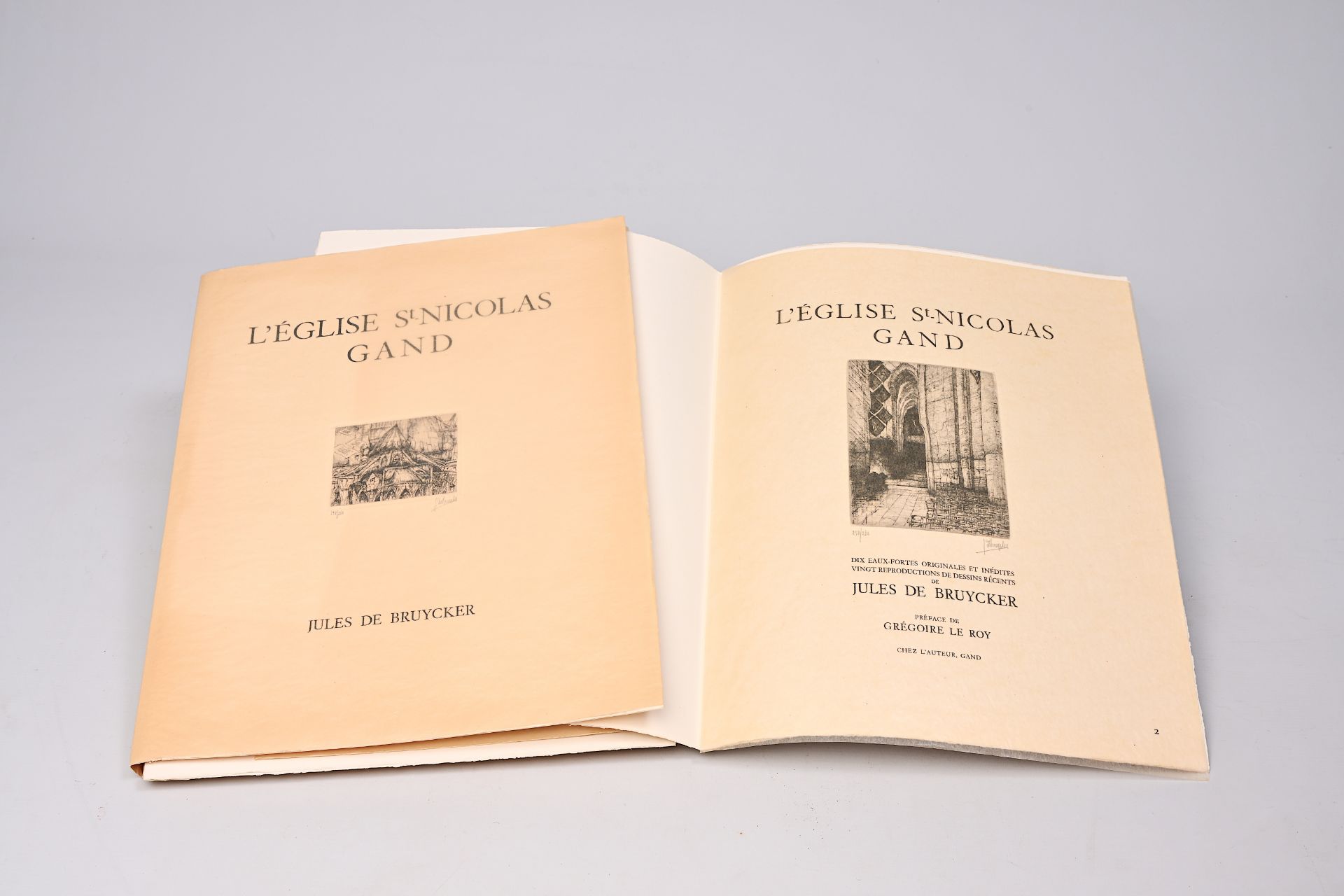Jules De Bruycker (1870-1945): 'L'eglise St. Nicolas Gand', album with ten different etchings, forew