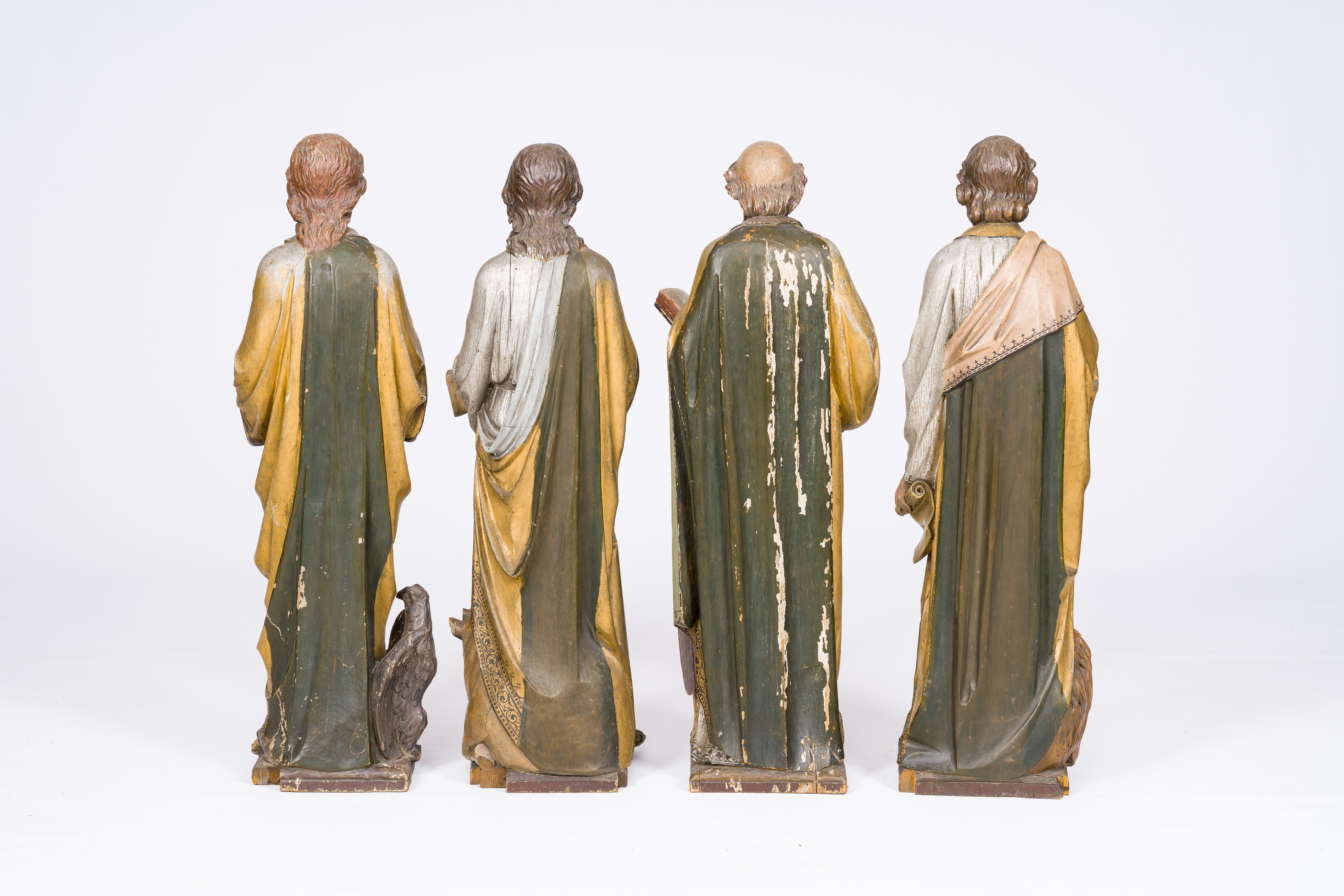 Four large Gothic revival carved, polychromed and gilt limewood 'evangelist' figures, probably Germa - Bild 3 aus 8