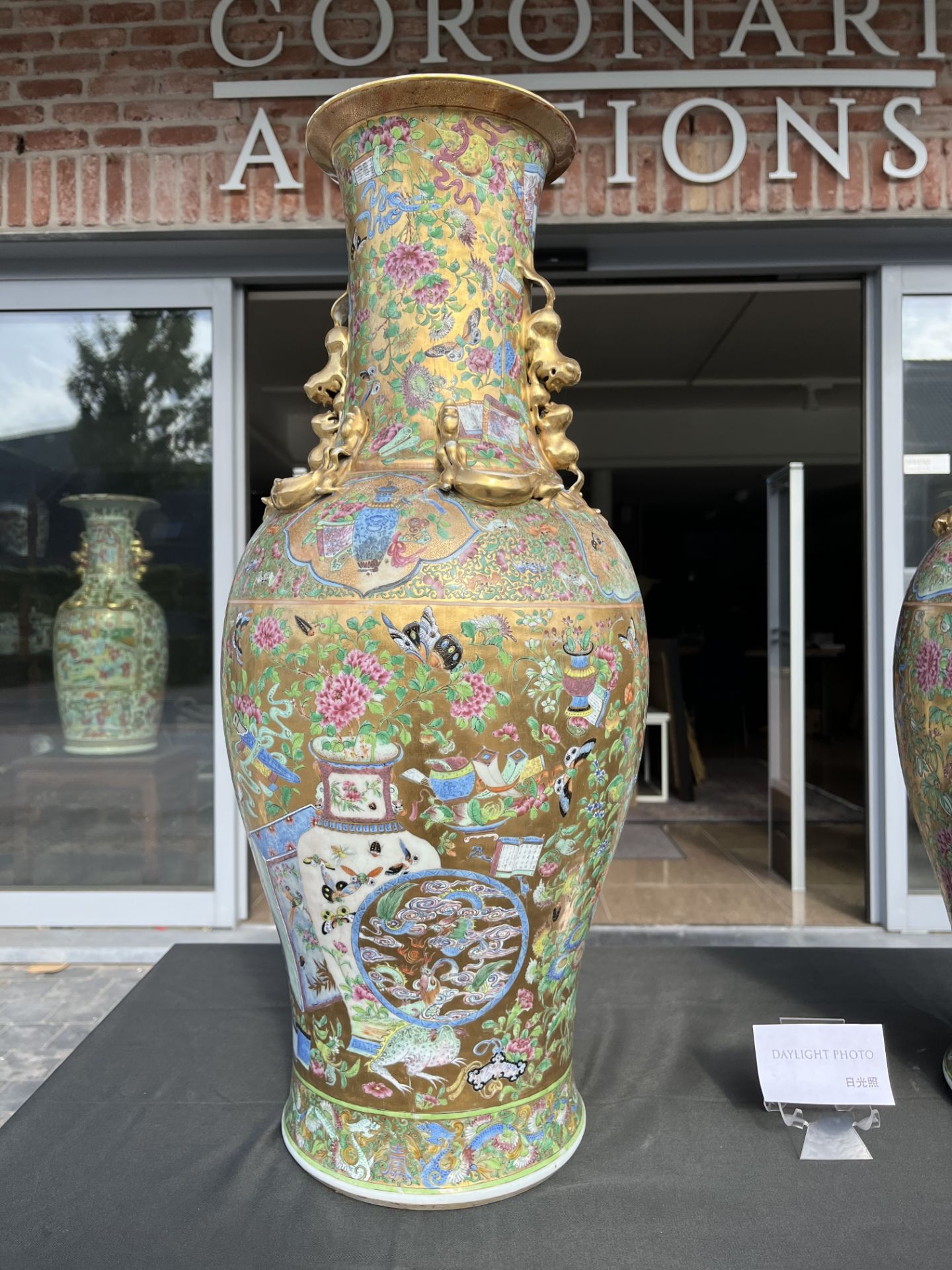 A pair of Chinese Canton famille rose gold ground vases with birds and butterflies among blossoming - Image 20 of 60