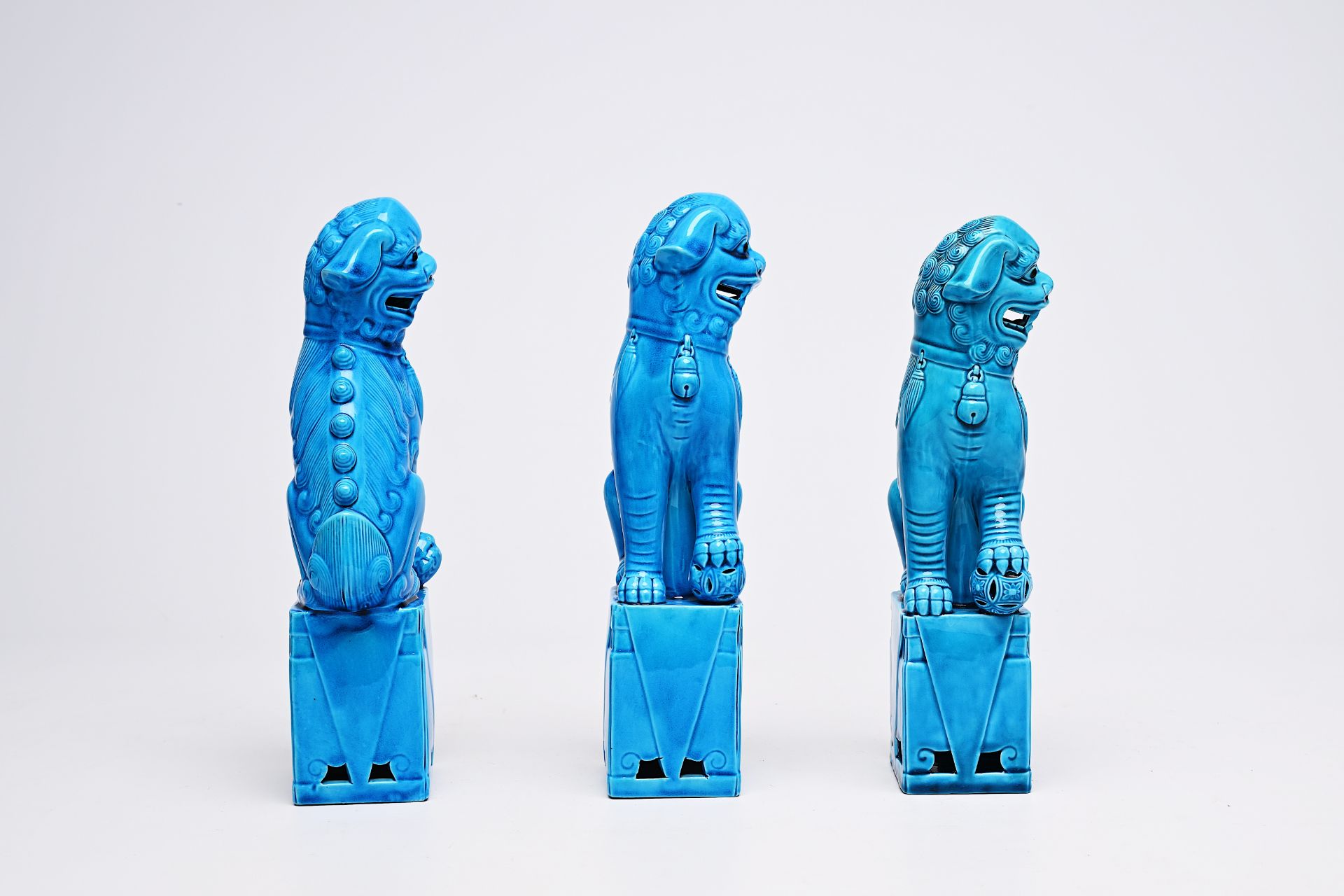 Five Chinese soapstone sculptures, three turquoise glazed lions and a pair of blue and white plates, - Image 14 of 24