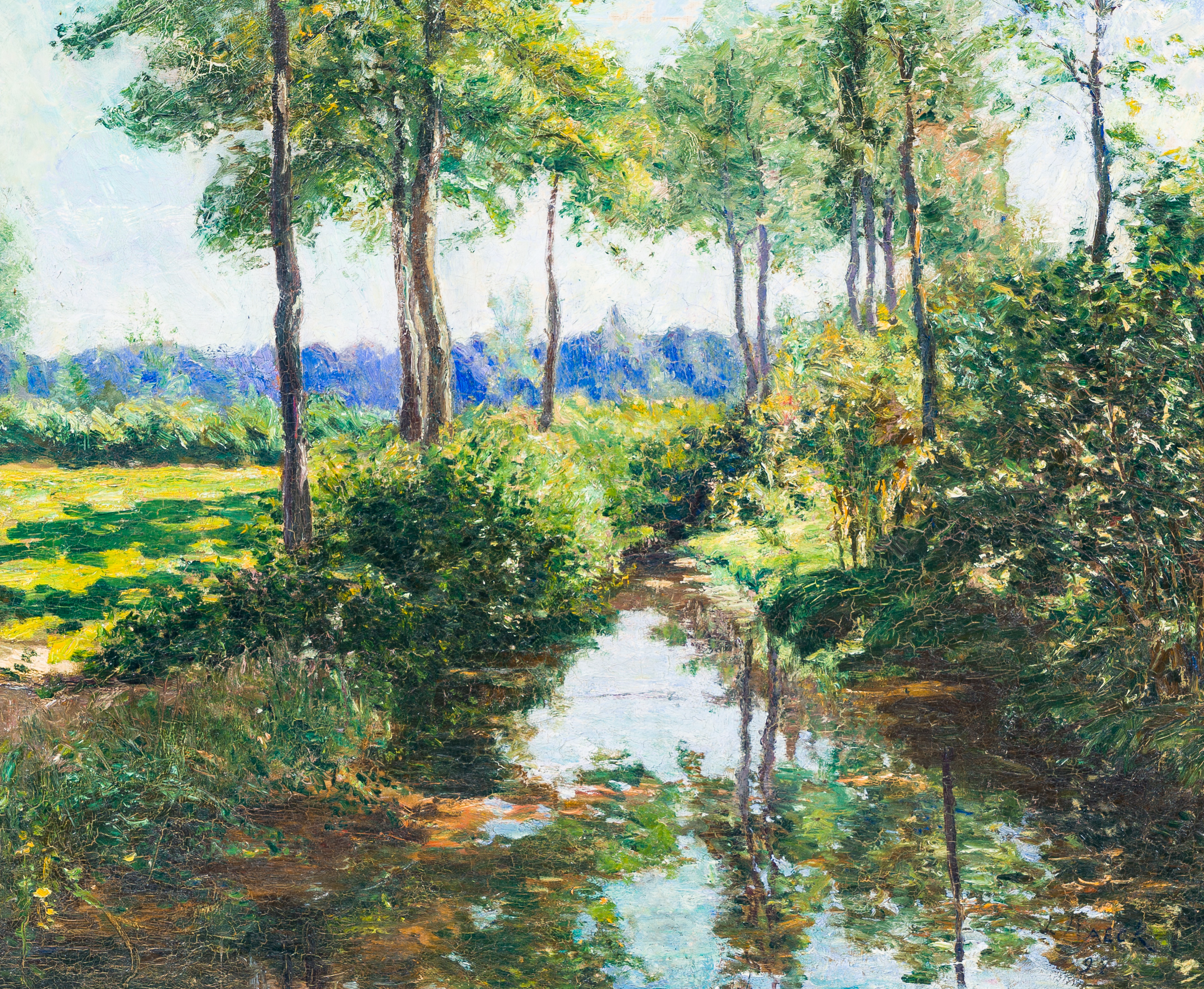 Leopold Haeck (1868-1928): Sunlit landscape with a stream, oil on canvas, dated (18)98