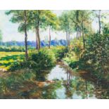 Leopold Haeck (1868-1928): Sunlit landscape with a stream, oil on canvas, dated (18)98