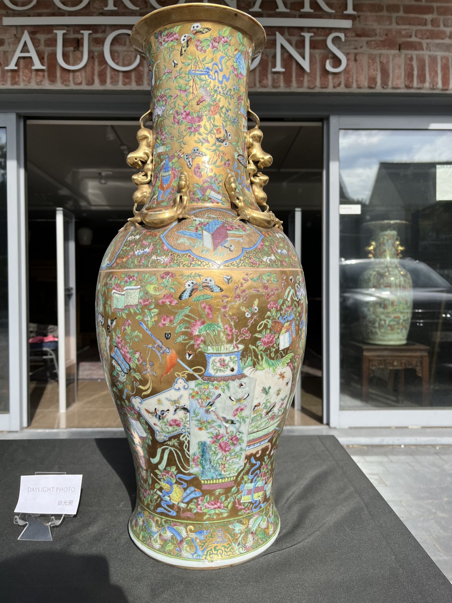 A pair of Chinese Canton famille rose gold ground vases with birds and butterflies among blossoming - Image 29 of 60