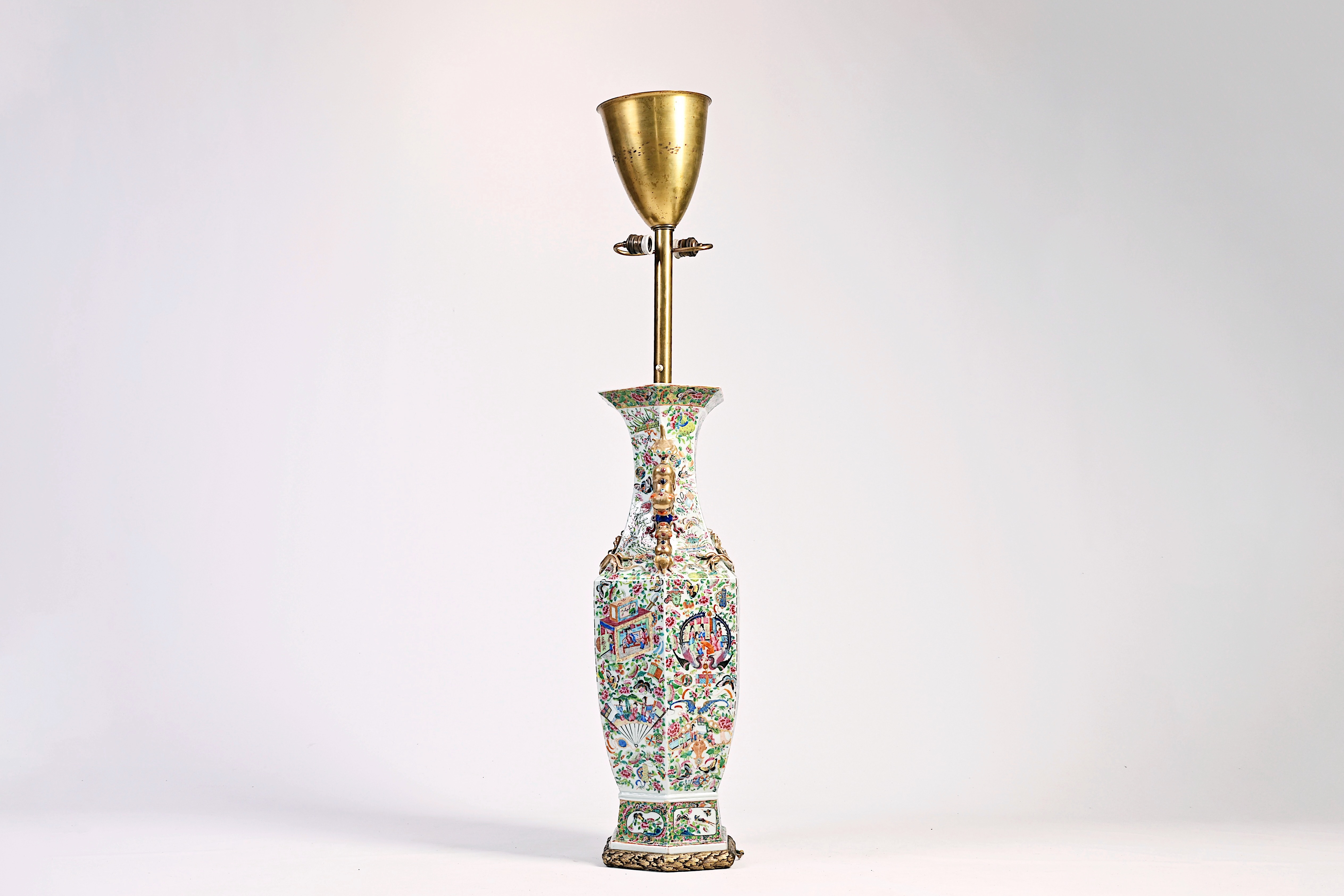 A large Chinese hexagonal Canton famille rose vase mounted as a lamp with an exceptional shade, 19th - Image 10 of 13
