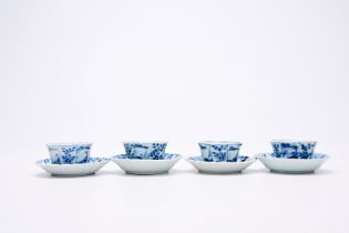 Four Chinese blue and white cups and saucers with floral design and landscapes, Kangxi