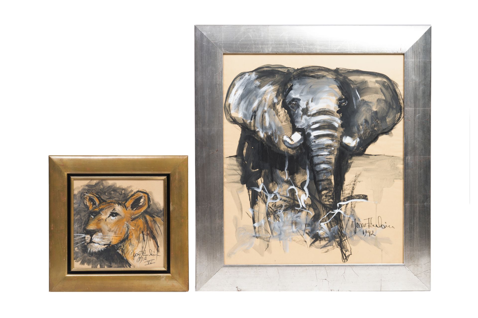 Jean Poulain (1884-1967): An elephant and A tiger, mixed media on paper, dated 1932 and 1942