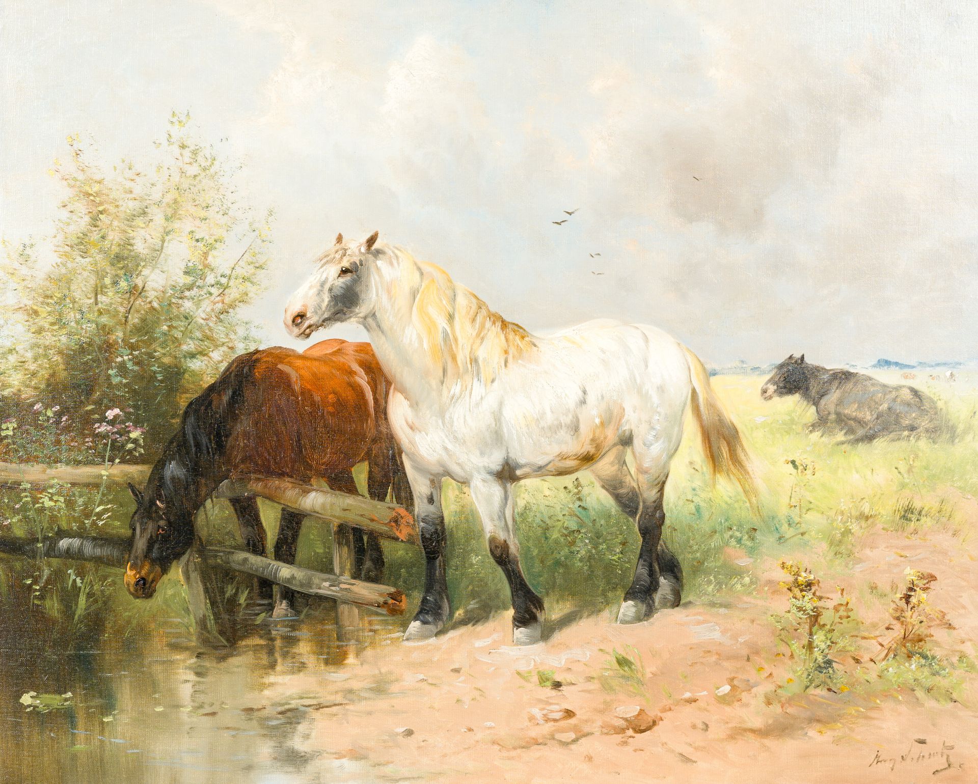 Henry Schouten (1857-1927): Horses at a watering hole, oil on canvas