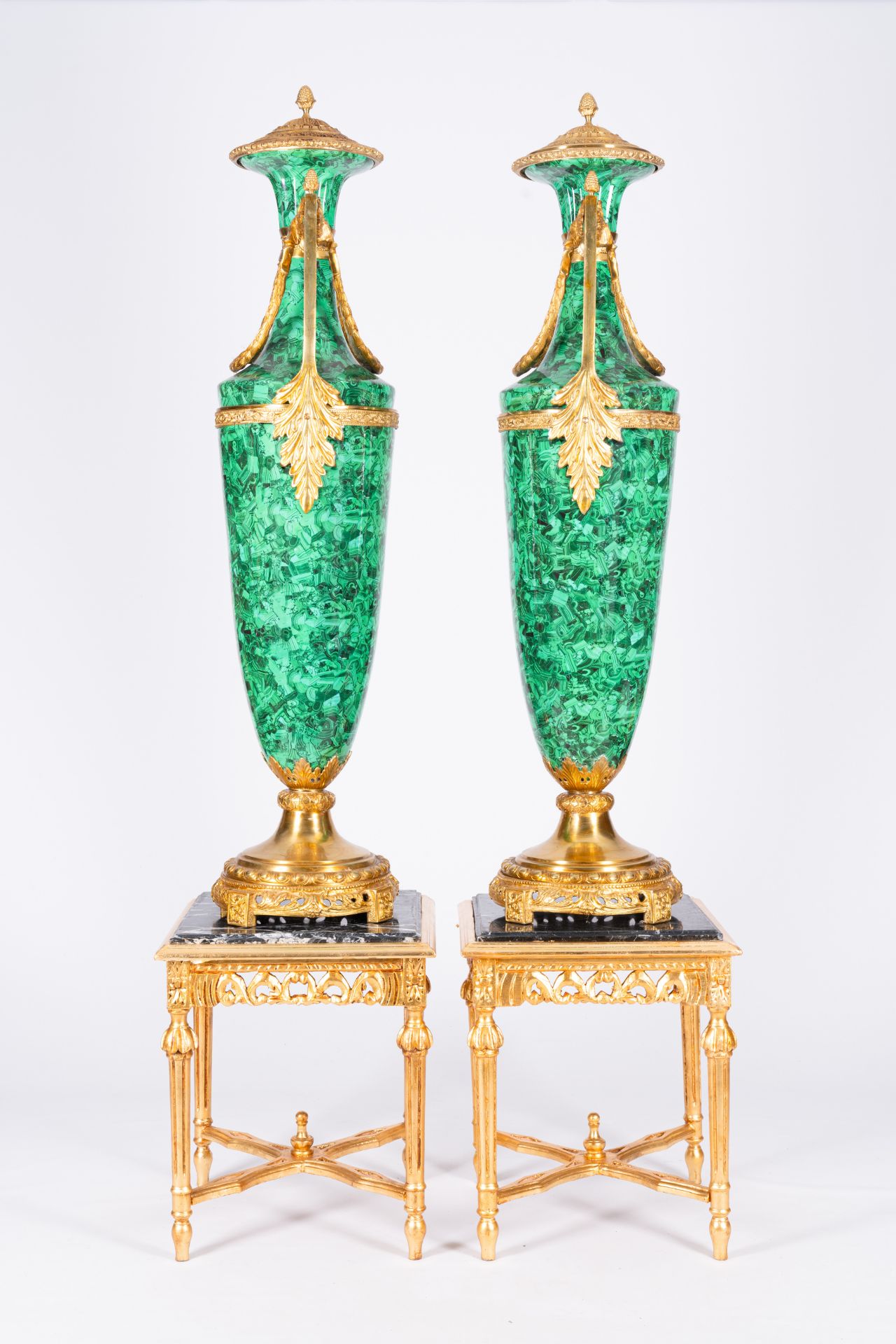 A pair of large gilt bronze mounted faux-malachite vases on matching gilt wood bases with marble top - Image 2 of 4