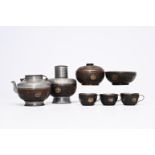 A Chinese pewter and coconut seven-piece tea service, Republic, 20th C.