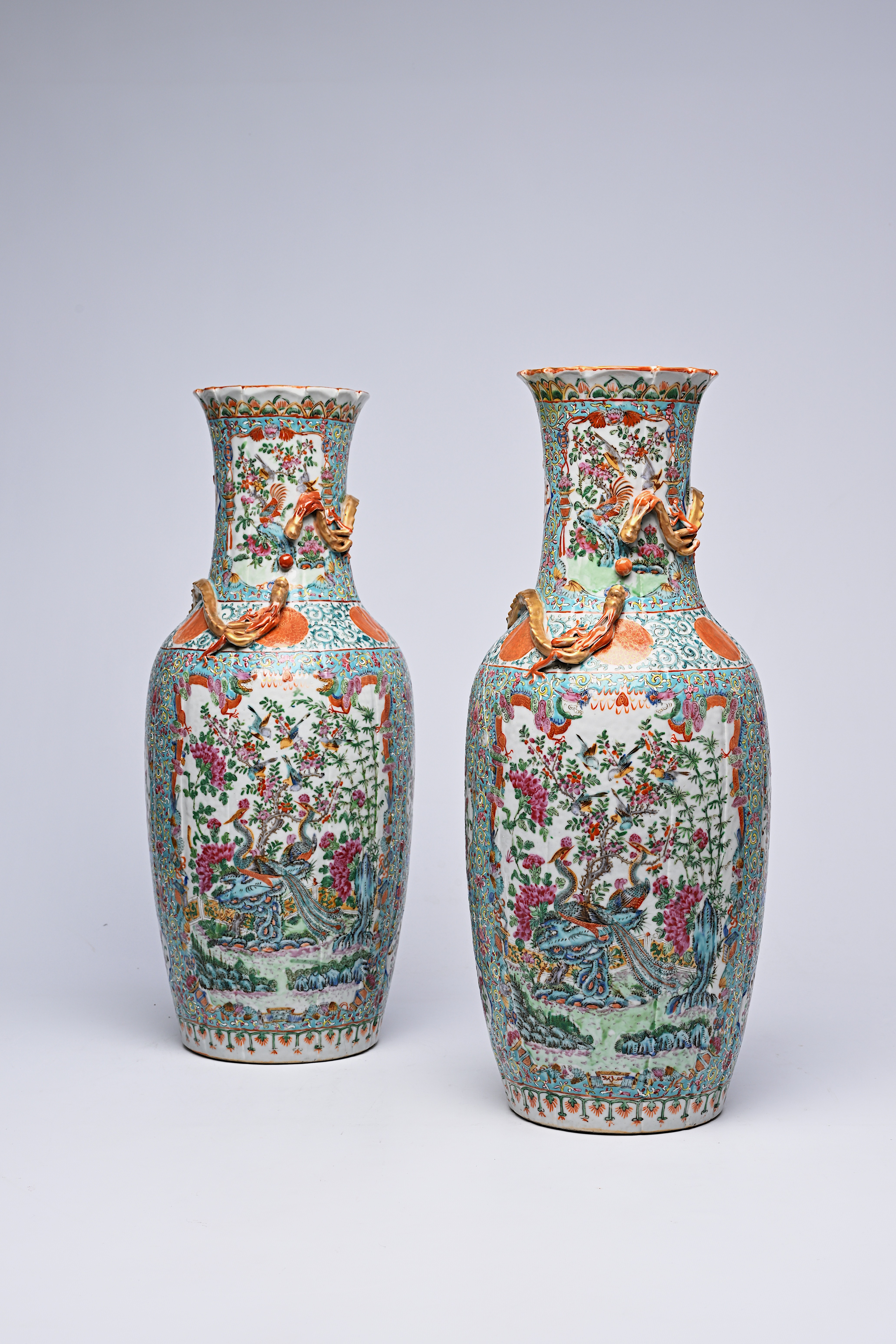 A pair of Chinese Canton famille rose turquoise ground vases with birds among blossoming branches, 1 - Image 7 of 8