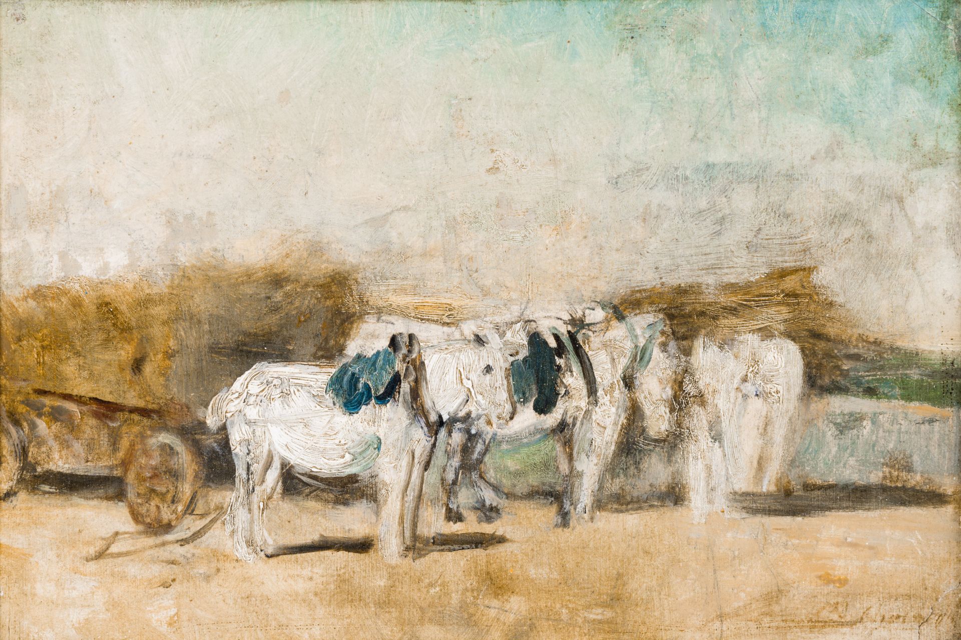 Monogrammed A.V.W.: Dogs, charcoal on paper & Illegibly signed: Horses in a landscape, oil on panel, - Image 5 of 6