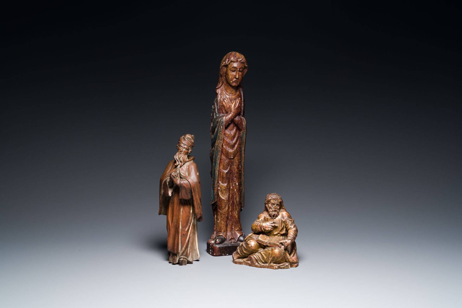 Three religious wood sculptures, France, Germany and Spain, 15th/16th C.
