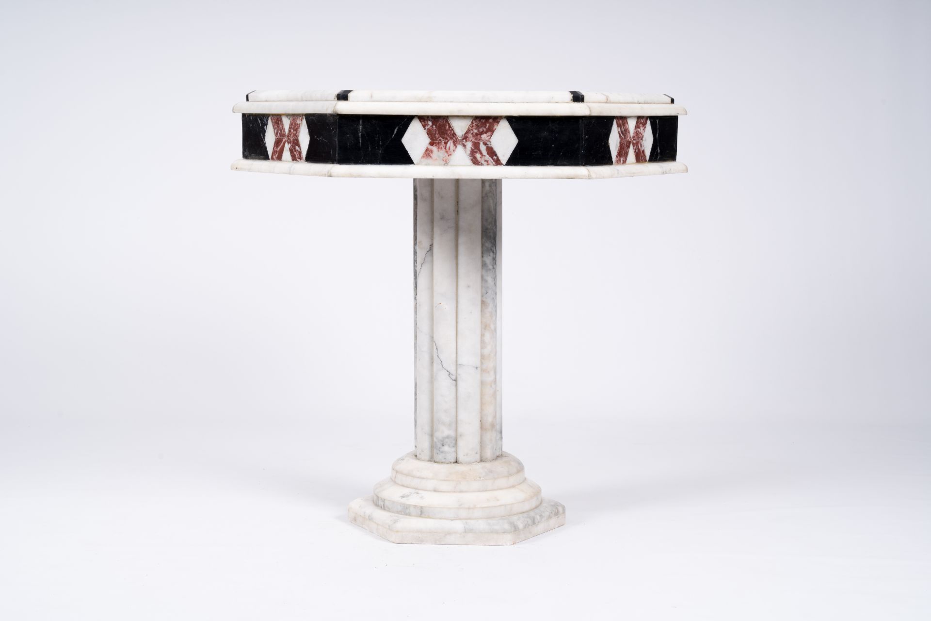 An Italian hexagonal marble side table with geometric design, 20th C. - Image 2 of 7