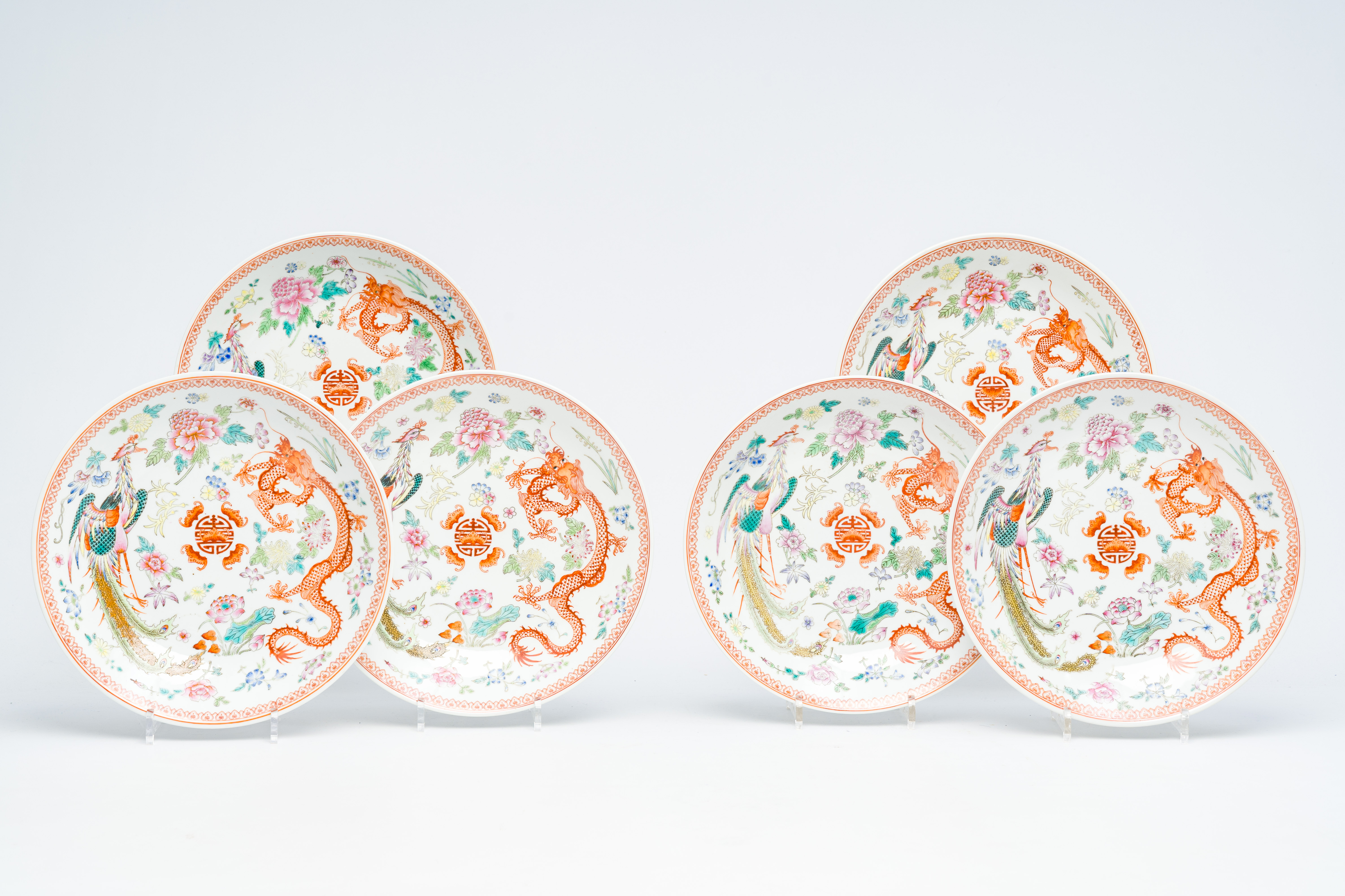 Six Chinese famille rose 'dragon and phoenix' dishes, Qianlong mark, 20th C. - Image 2 of 14