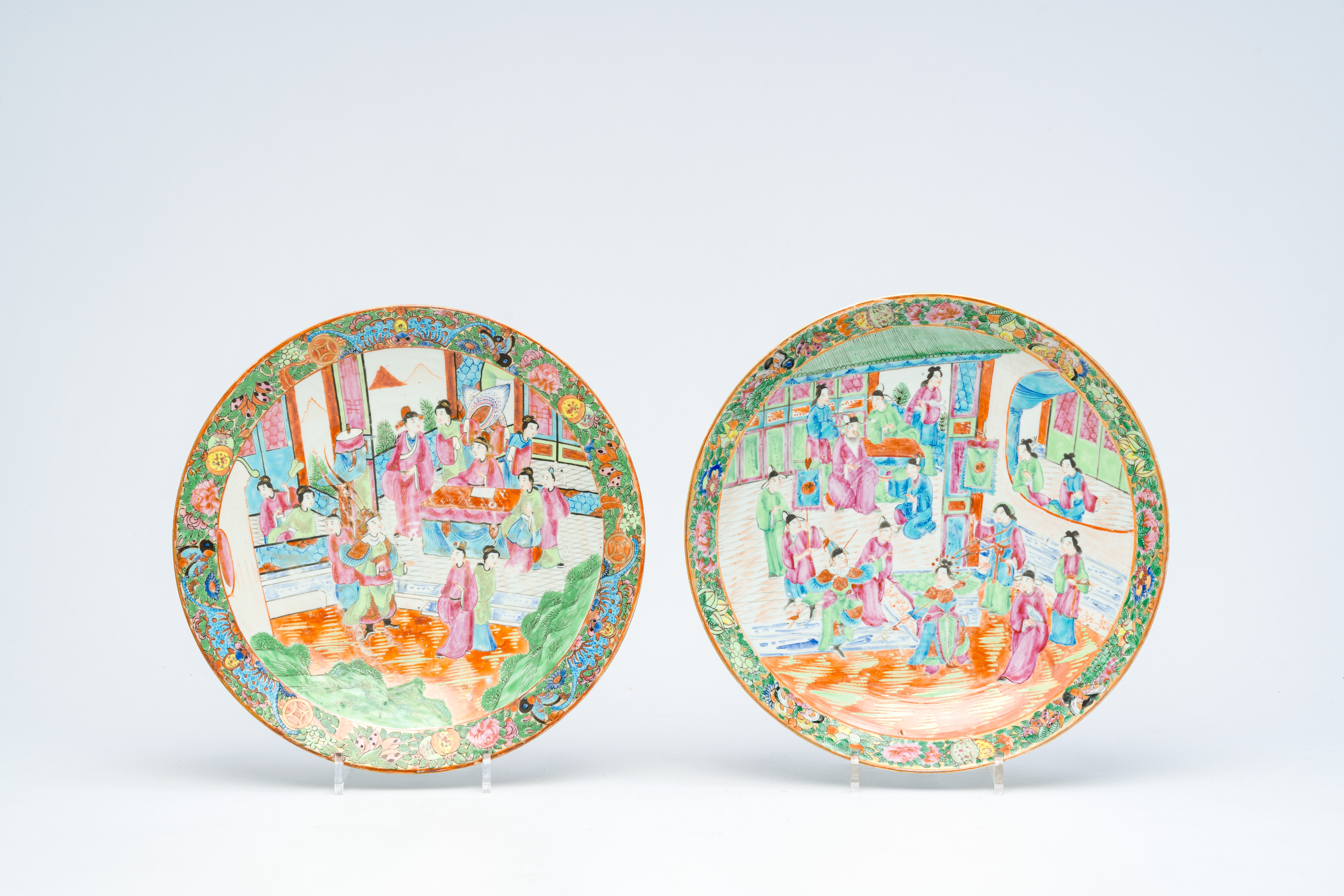 A varied collection of Chinese Canton famille rose porcelain with palace scenes and floral design, 1 - Image 2 of 9