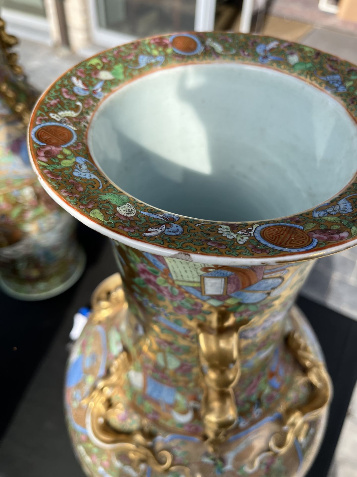 A pair of Chinese Canton famille rose gold ground vases with birds and butterflies among blossoming - Image 52 of 60