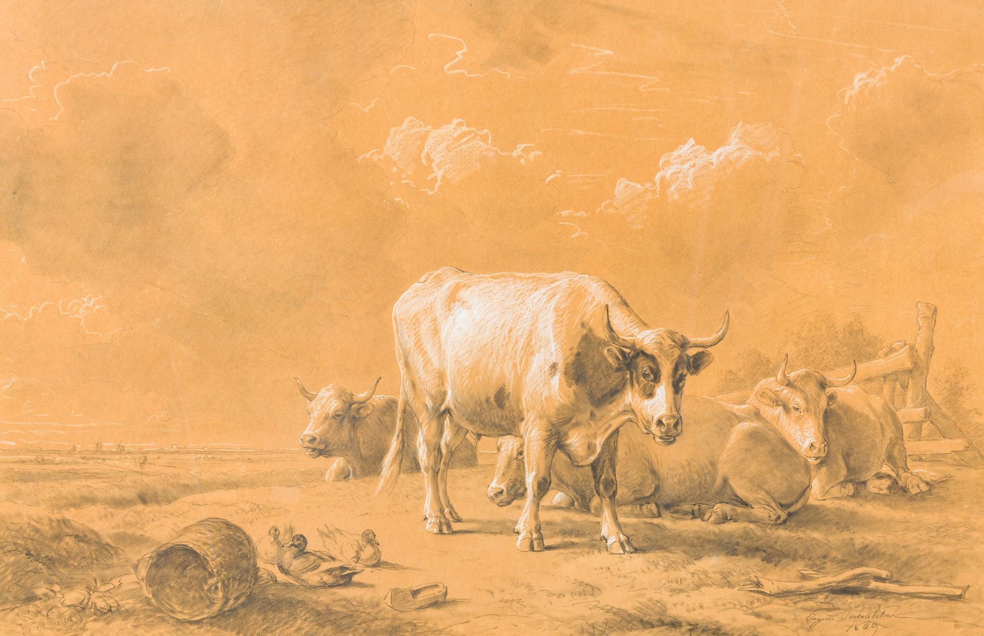 Eugene Verboeckhoven (1798-1881): Cattle in a landscape, mixed media on paper, dated 1869