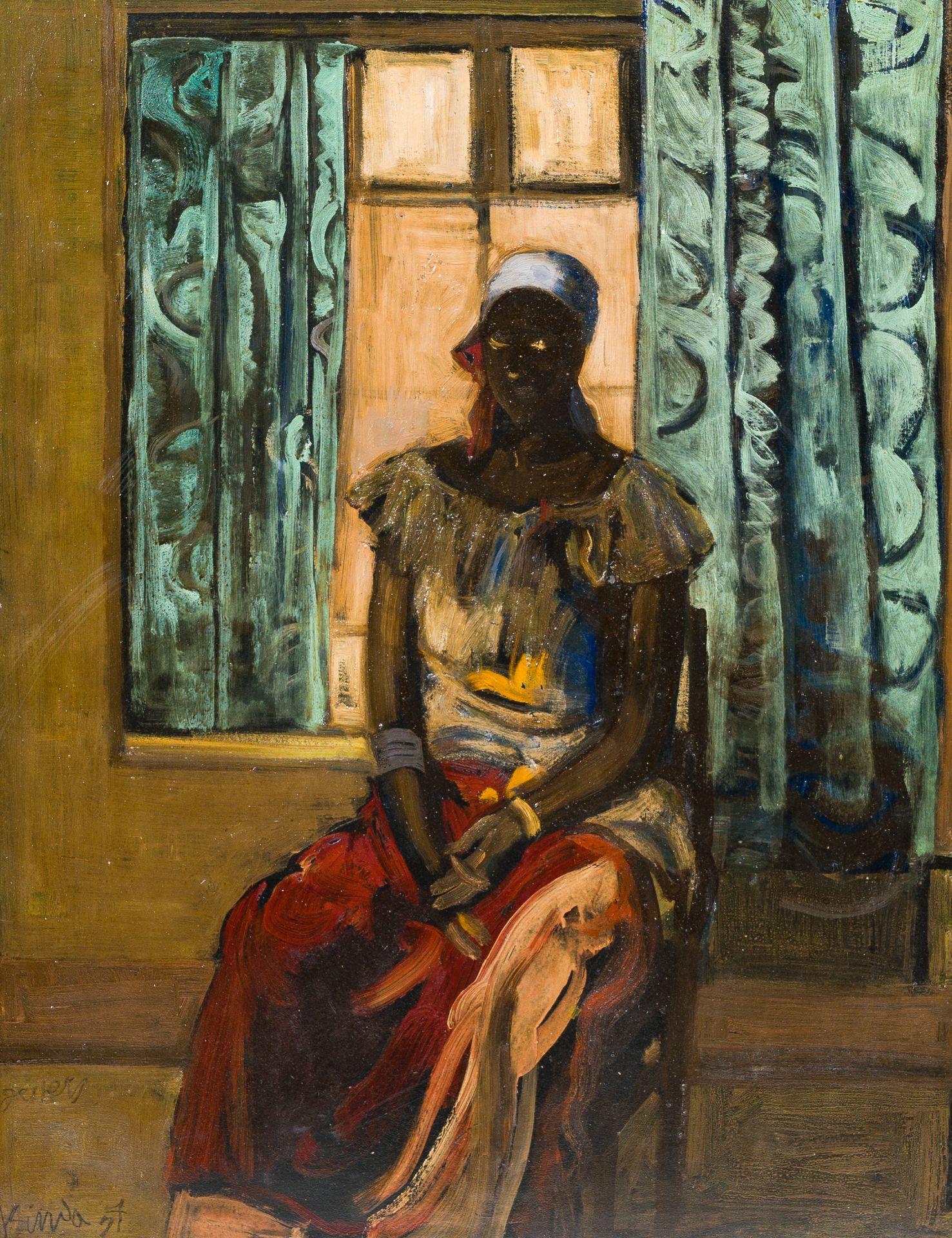 Floris Jespers (1889-1965): Portrait of a seated Congolese lady, oil on canvas, dated (19)57