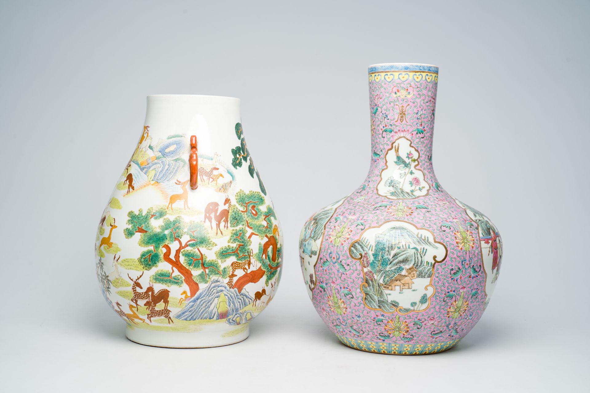 A Chinese famille rose tianqiu ping vase with Immortals and their servants in a landscape and a fami - Image 9 of 36