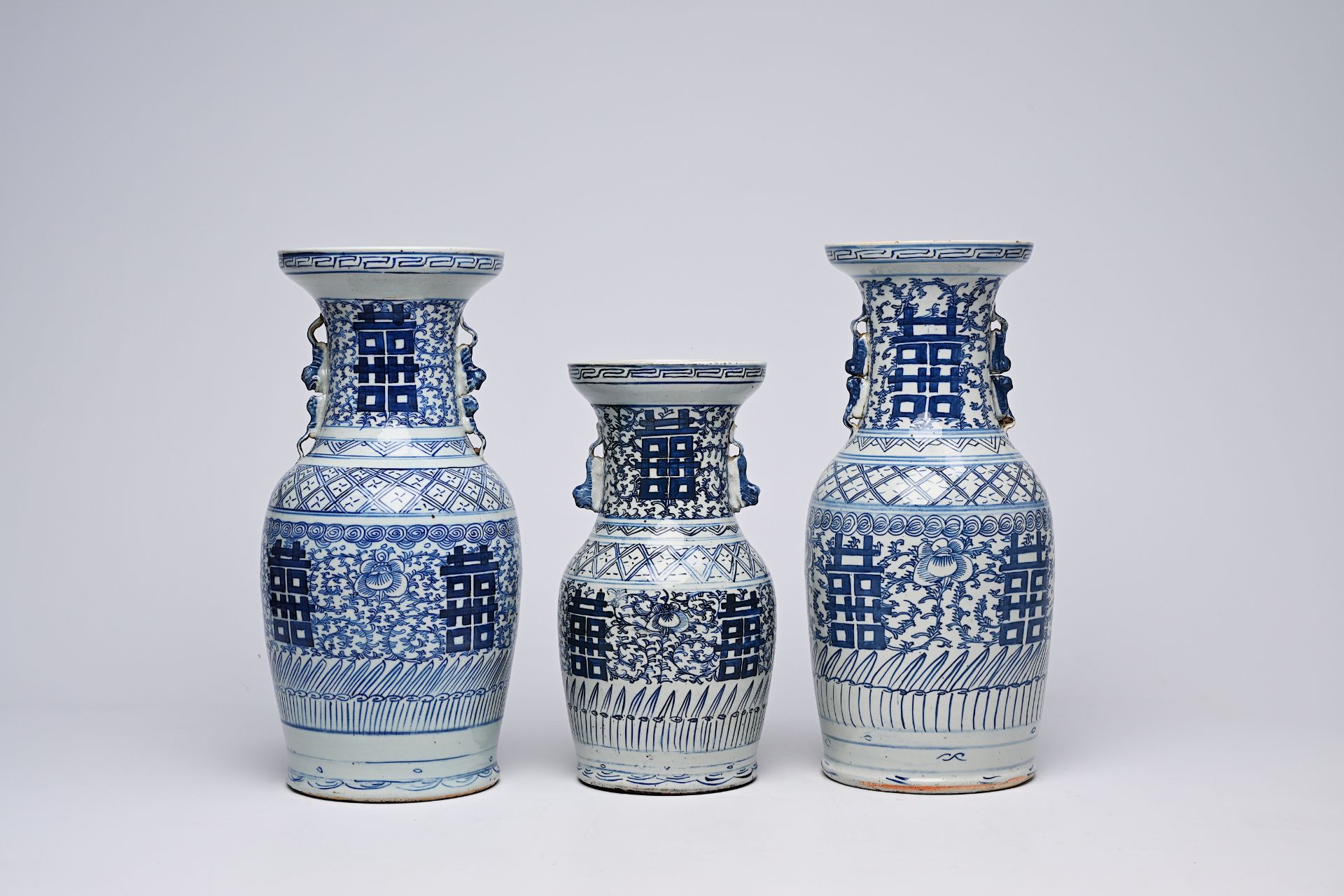 Three Chinese blue and white 'Xi' vases, 19th/20th C. - Image 10 of 22