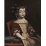 Central European school: Portrait of a child with a rattle in hand and her dog, oil on canvas, secon