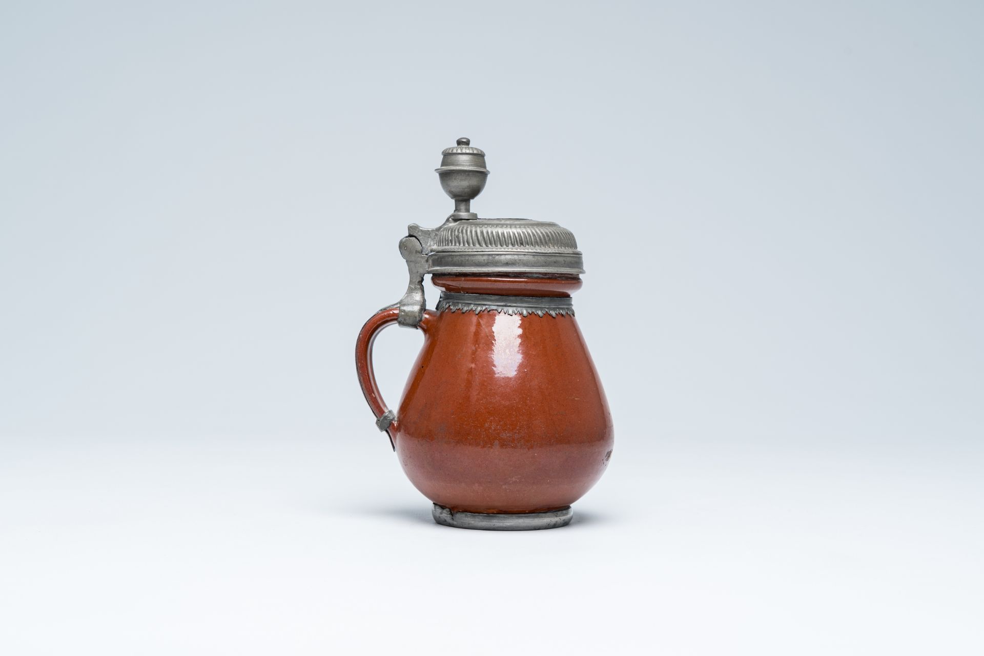 A German stoneware jug with pewter lid depicting the Adoration of the Shepherds, probably Altenburg, - Image 4 of 8