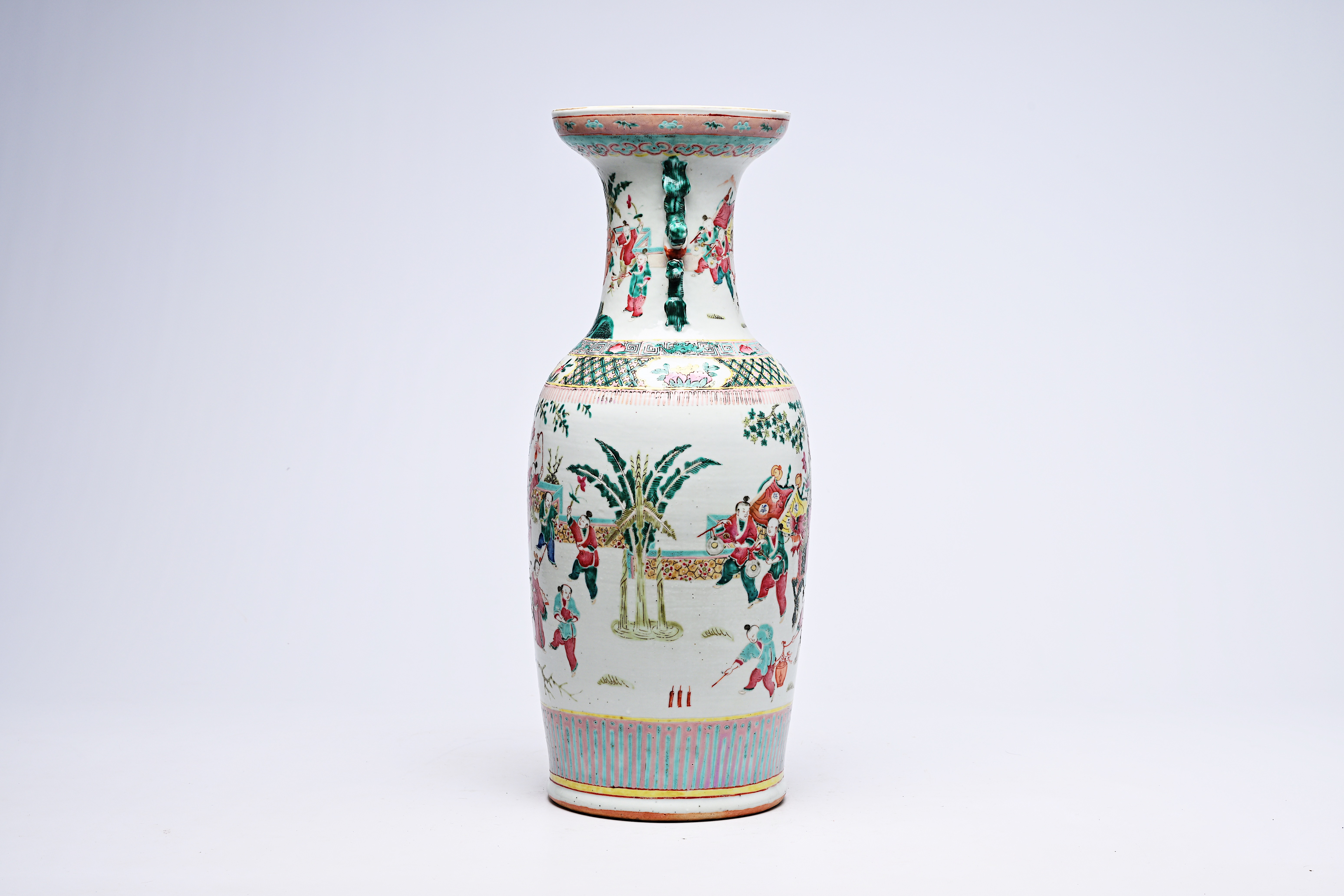 A Chinese famille rose vase with the qilin Song Zi and figures in a landscape, 19th C. - Image 3 of 16