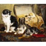 Charles II van den Eycken (1859-1923): A mother cat and her three kittens, oil on canvas, dated 1908