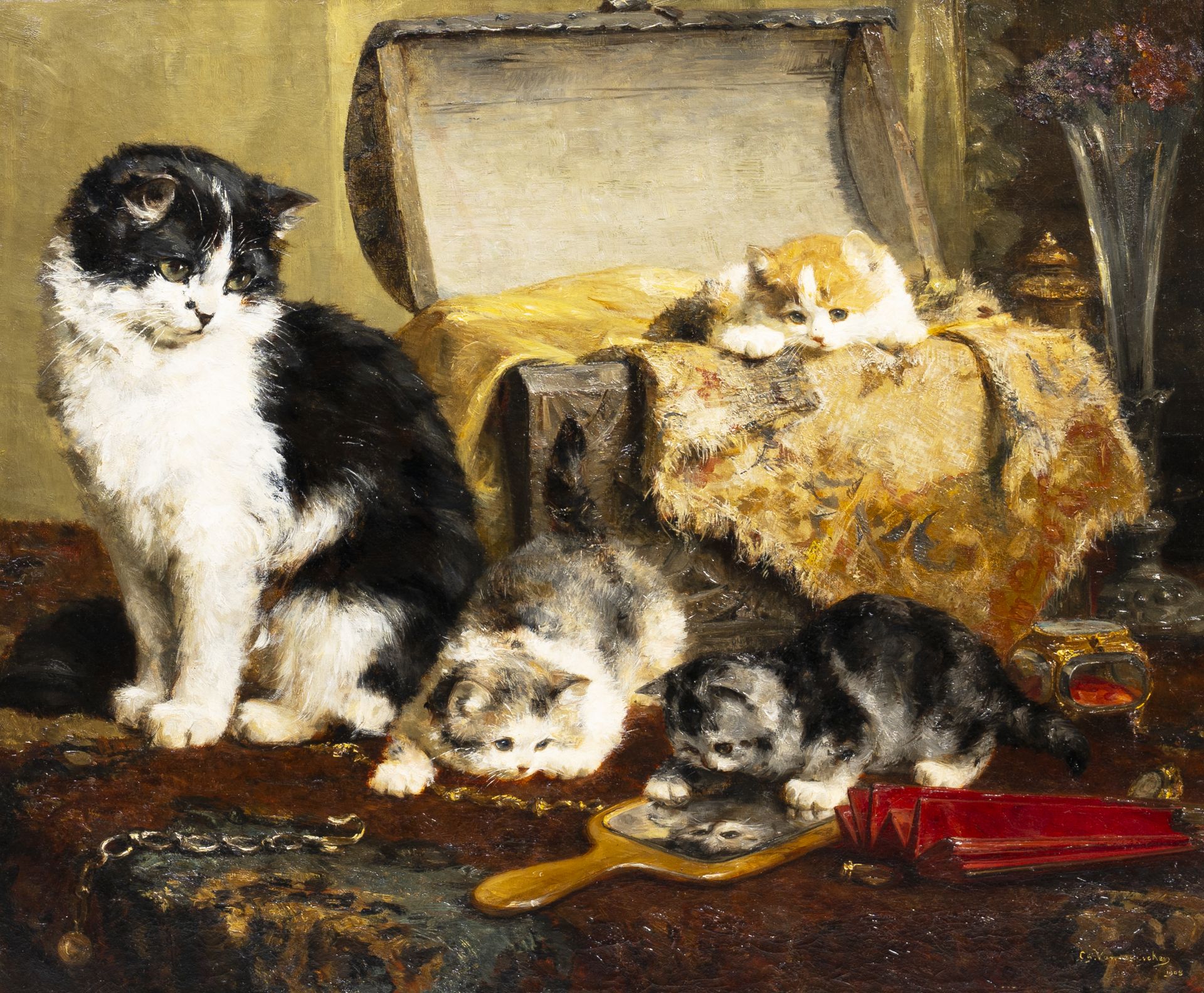 Charles II van den Eycken (1859-1923): A mother cat and her three kittens, oil on canvas, dated 1908