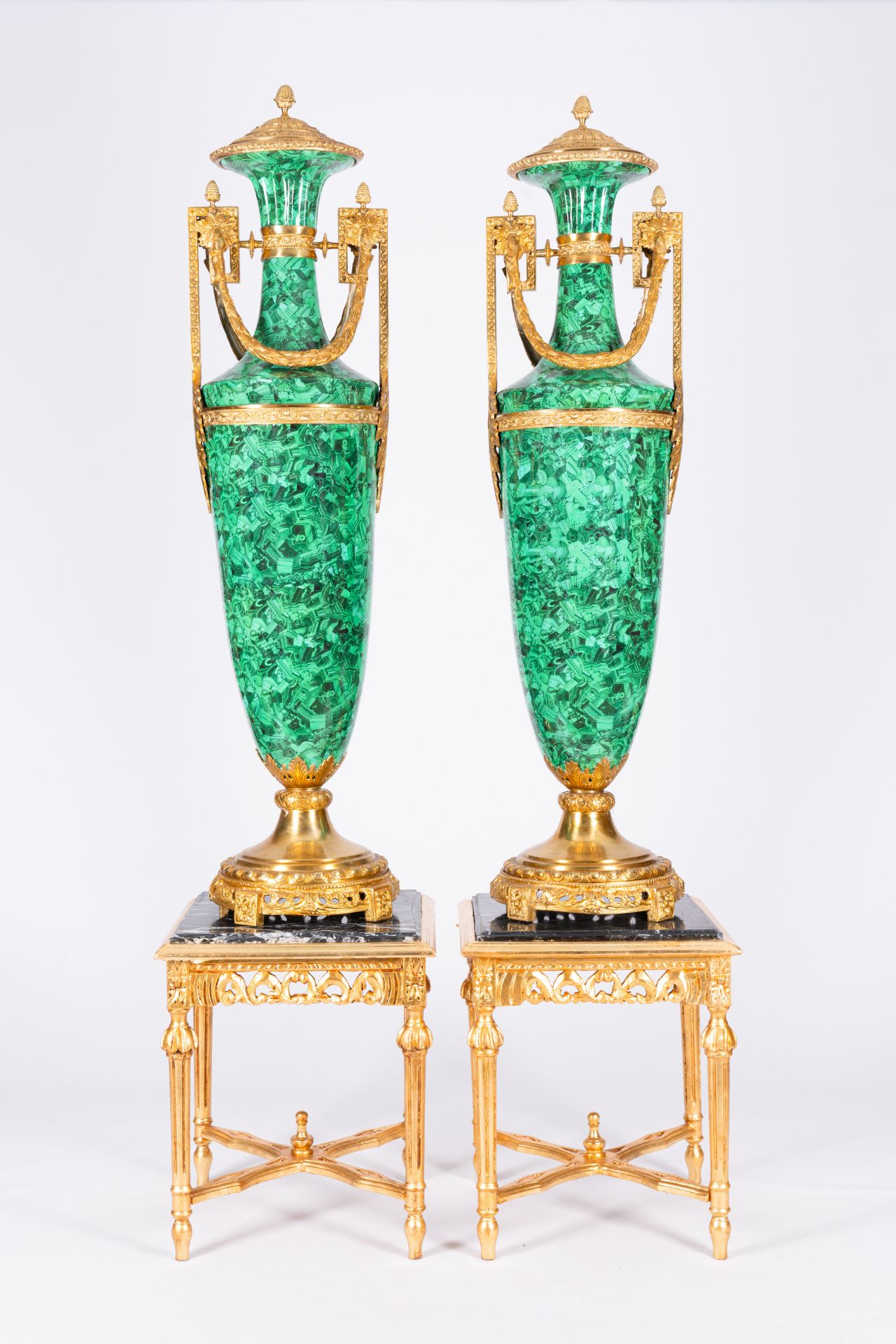 A pair of large gilt bronze mounted faux-malachite vases on matching gilt wood bases with marble top - Image 3 of 4
