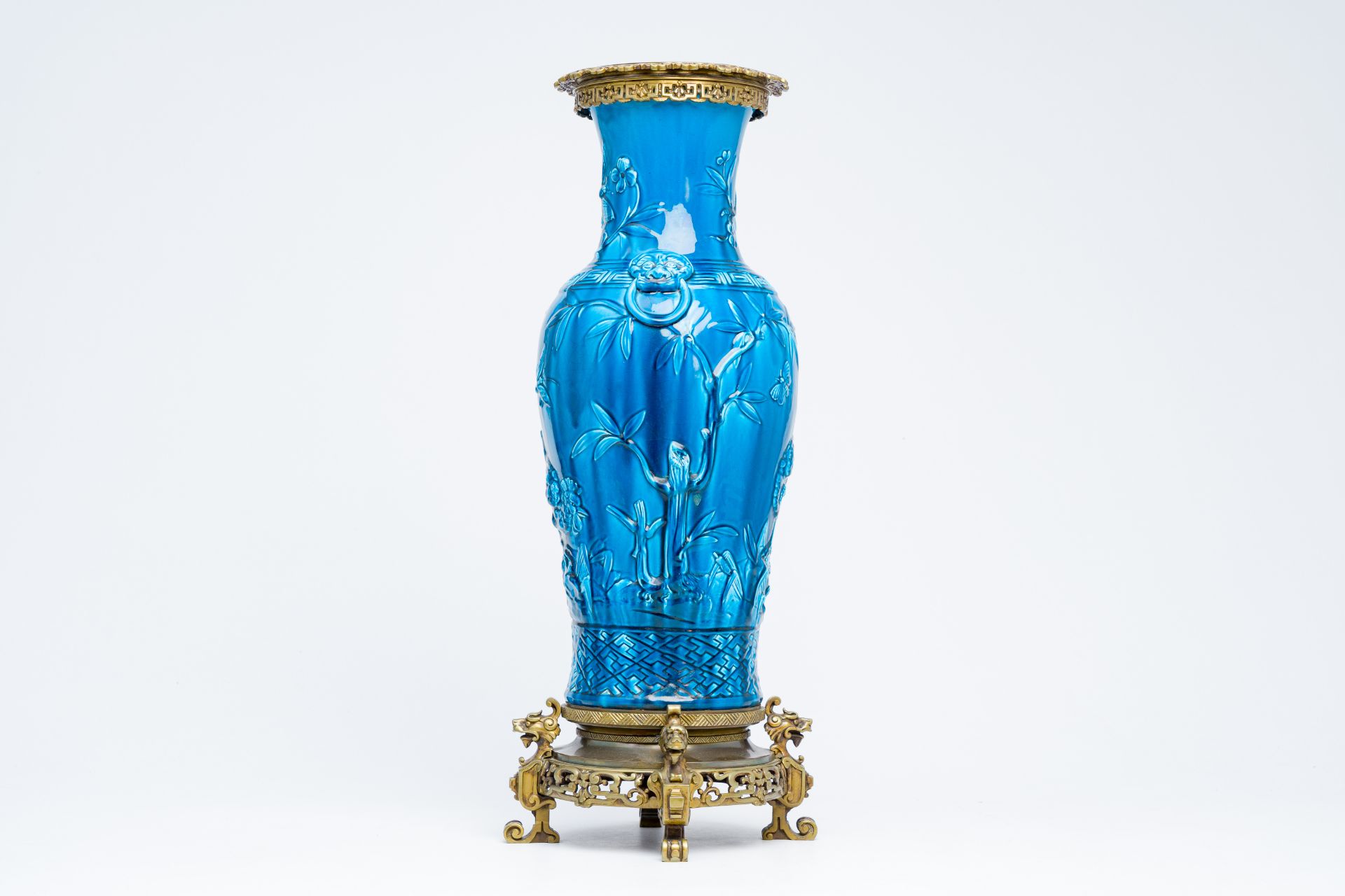 A French turquoise glazed bronze mounted chinoiserie vase with relief design, probably Theodore Deck - Image 5 of 7