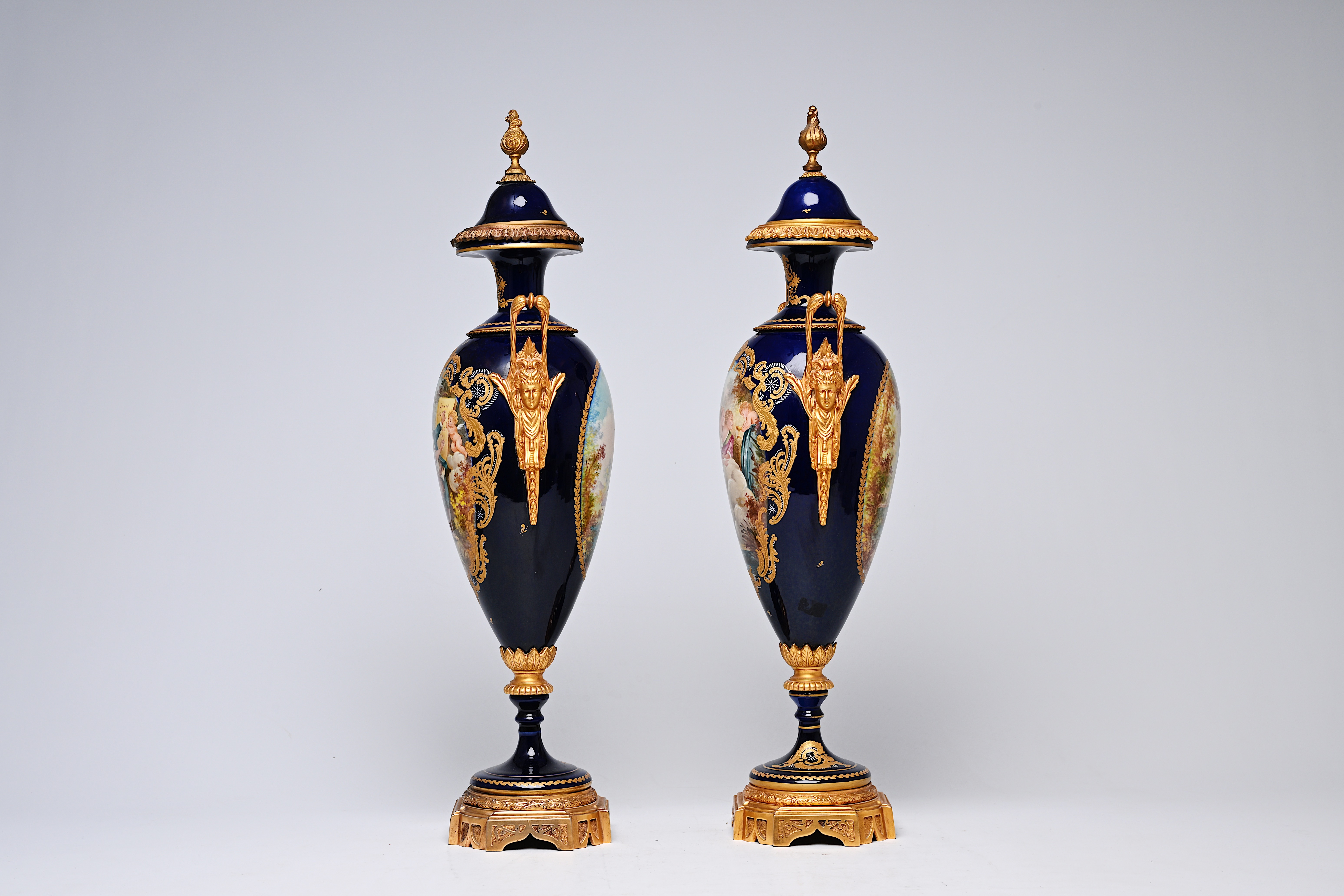 A pair of French gilt bronze mounted gold layered blue ground Sevres style vases and covers with lan - Image 4 of 9