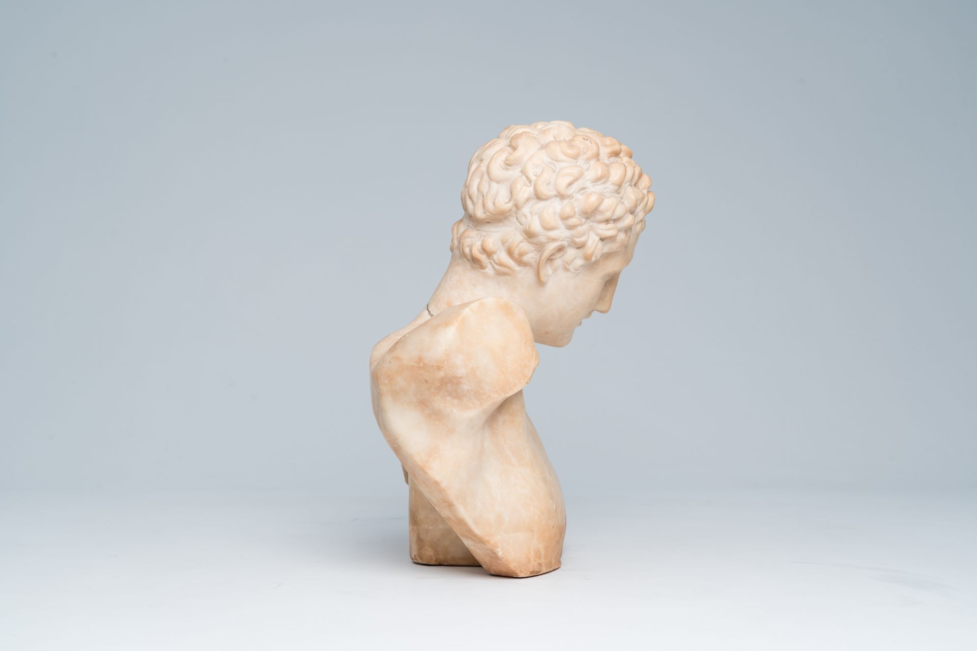 An Italian 'Grand Tour' marble bust of Hermes with the hand of the Infant Dionysus, 19th C. - Image 5 of 14