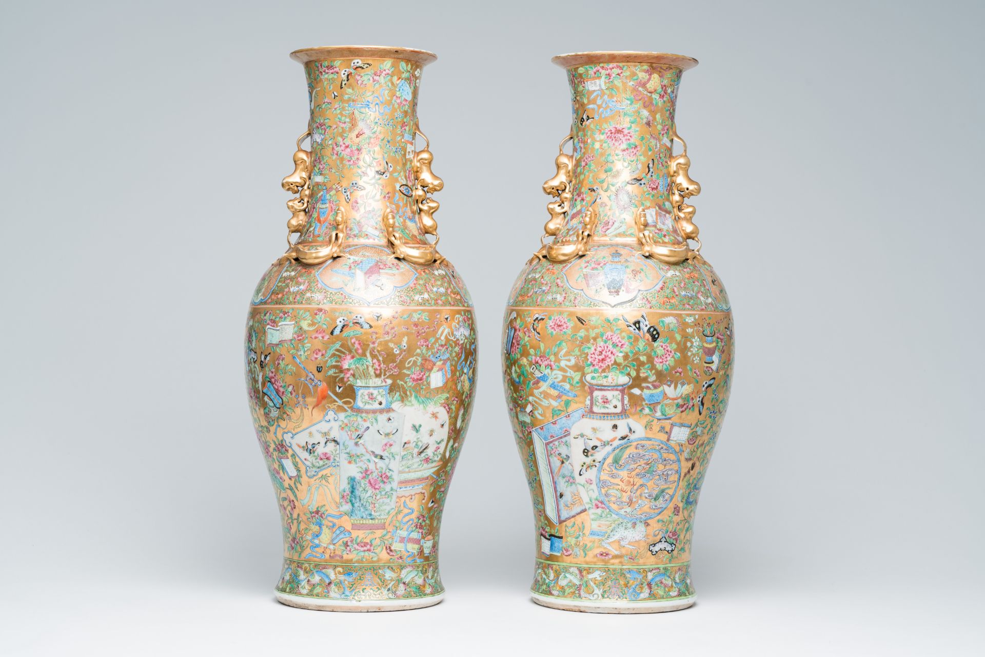 A pair of Chinese Canton famille rose gold ground vases with birds and butterflies among blossoming - Image 6 of 60