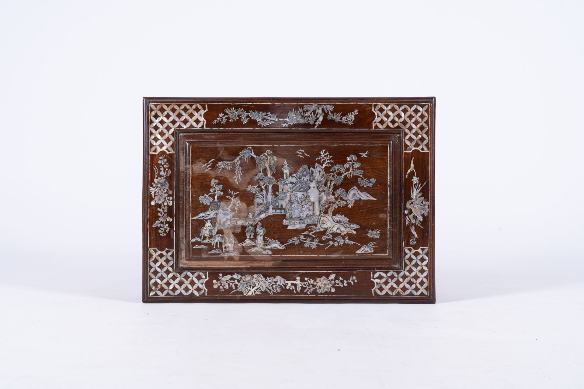 Two Chinese or Vietnamese wood side tables inlaid with mother-of-pearl with animated landscapes, 20t - Image 15 of 15