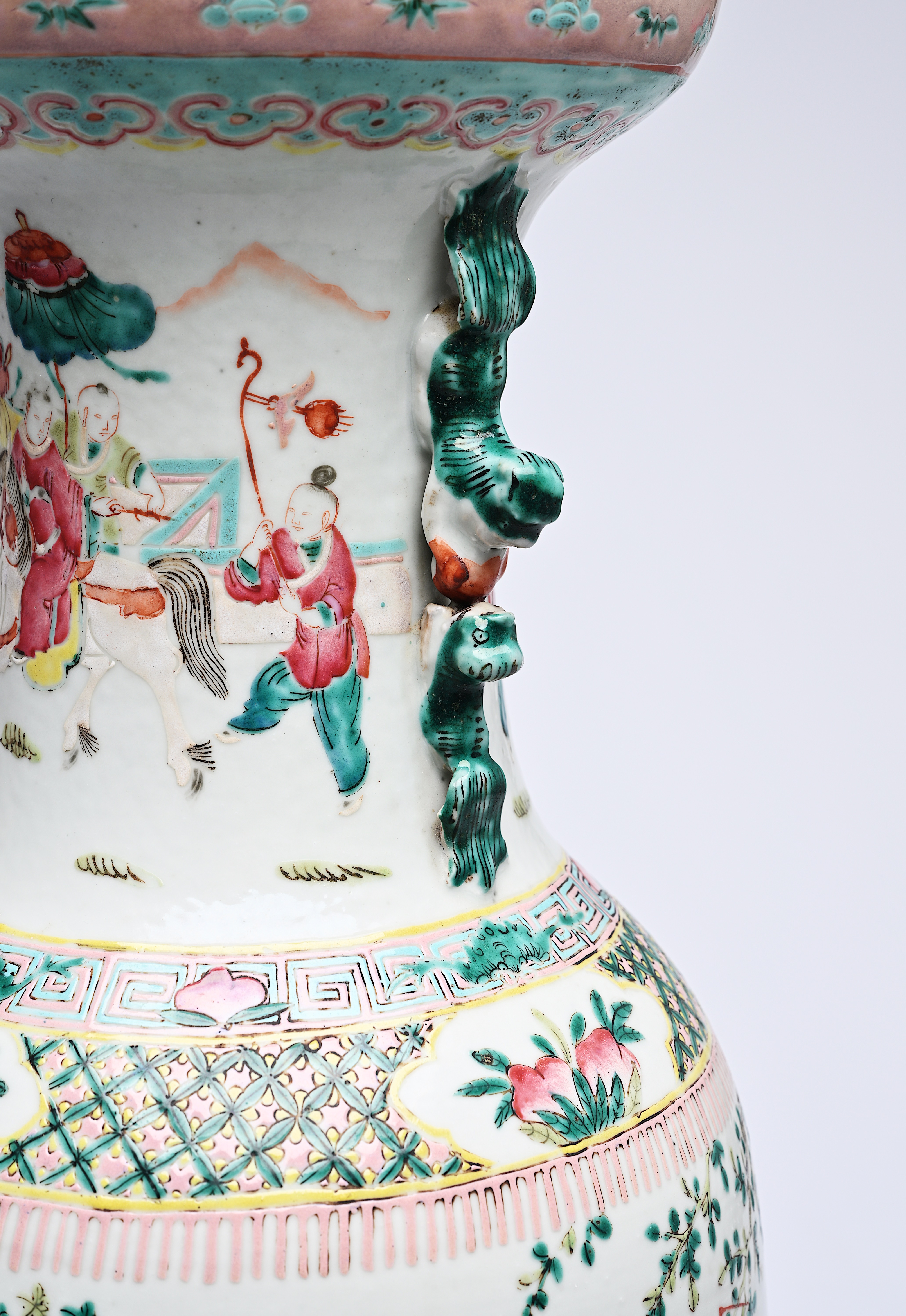 A Chinese famille rose vase with the qilin Song Zi and figures in a landscape, 19th C. - Image 9 of 16