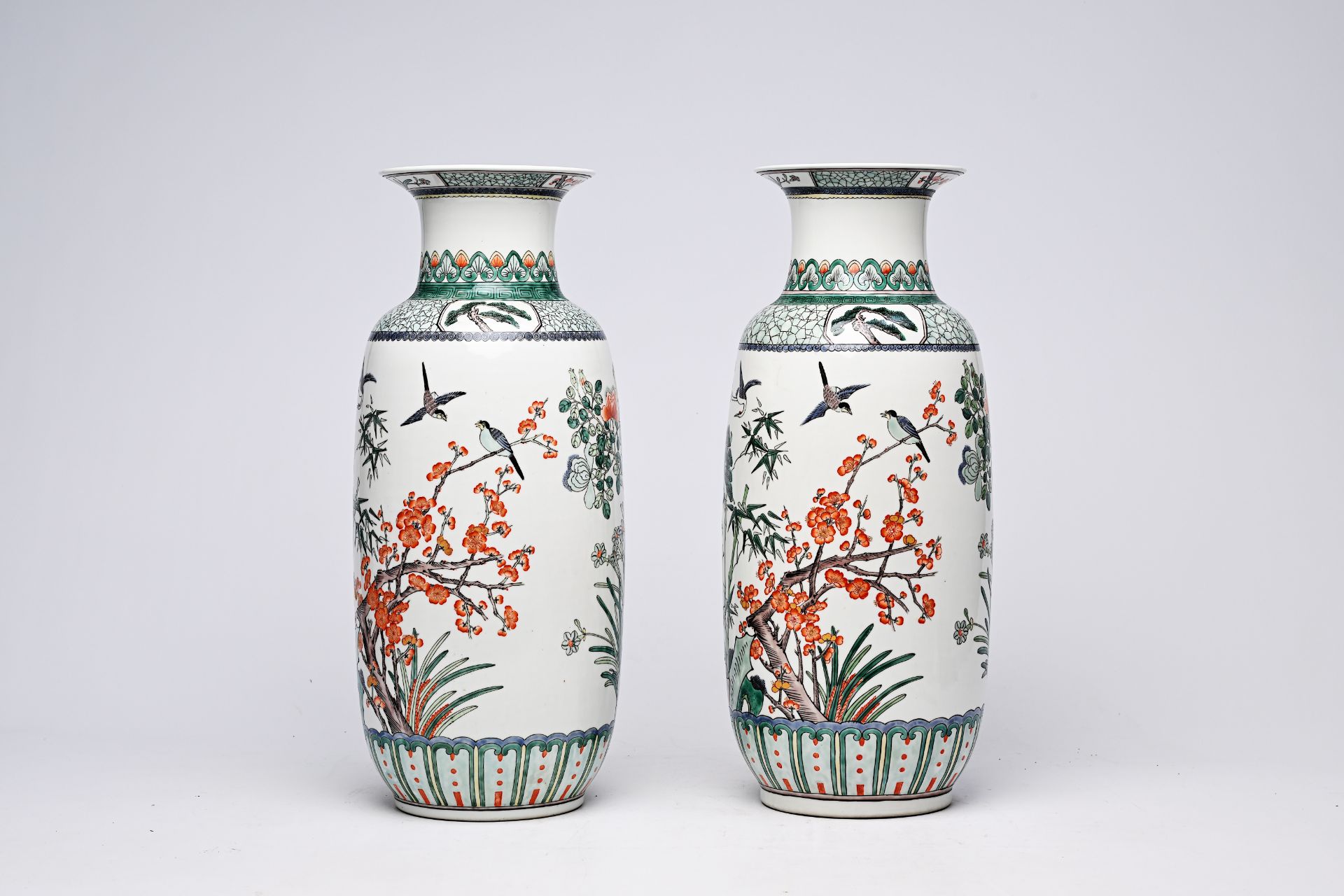 A pair of Chinese famille verte vases with birds among blossoming branches, 20th C. - Image 2 of 14