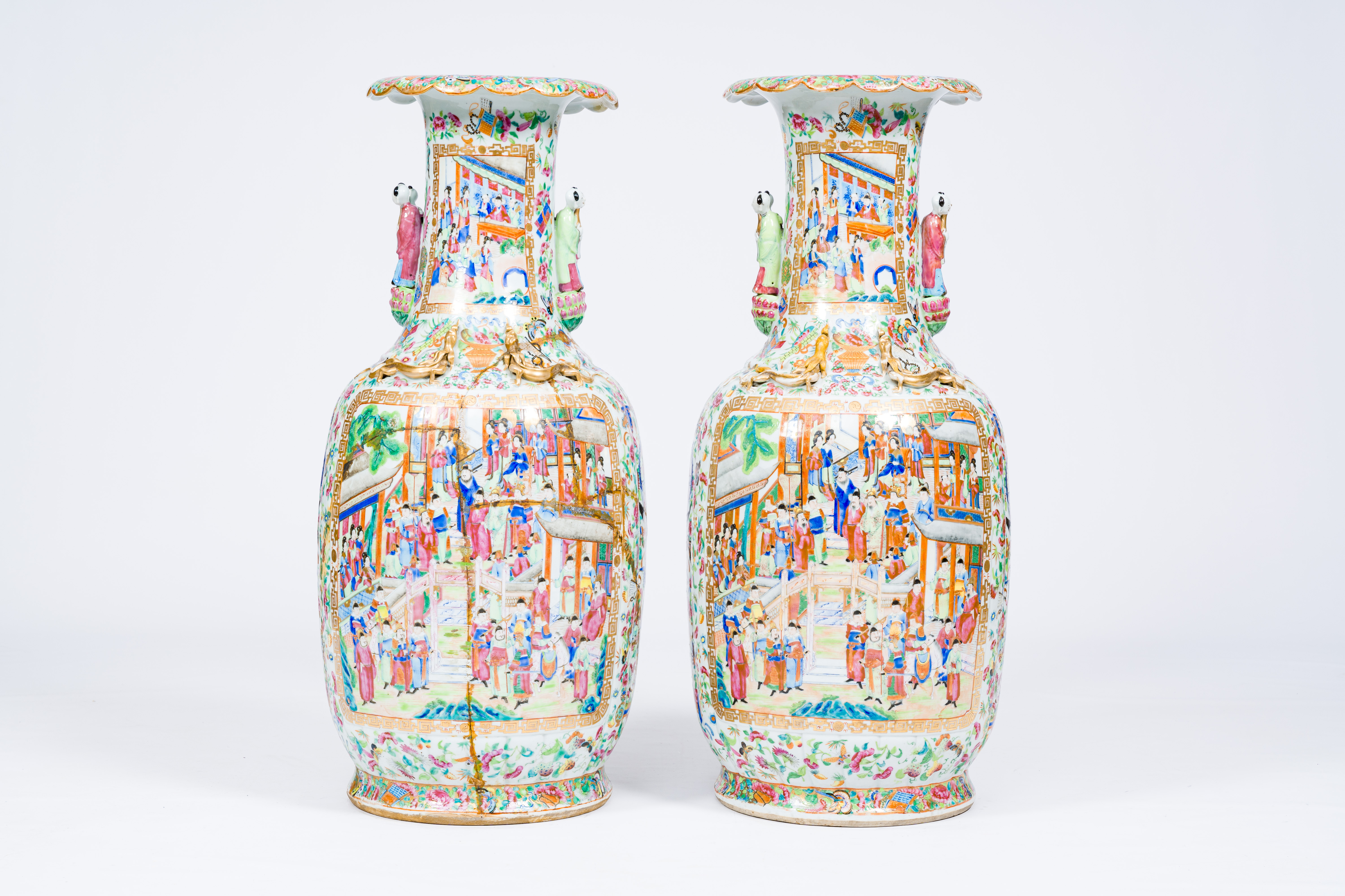 A pair of large ribbed Chinese Canton famille rose vases with palace scenes and the Hehe Er Xian twi - Image 3 of 6