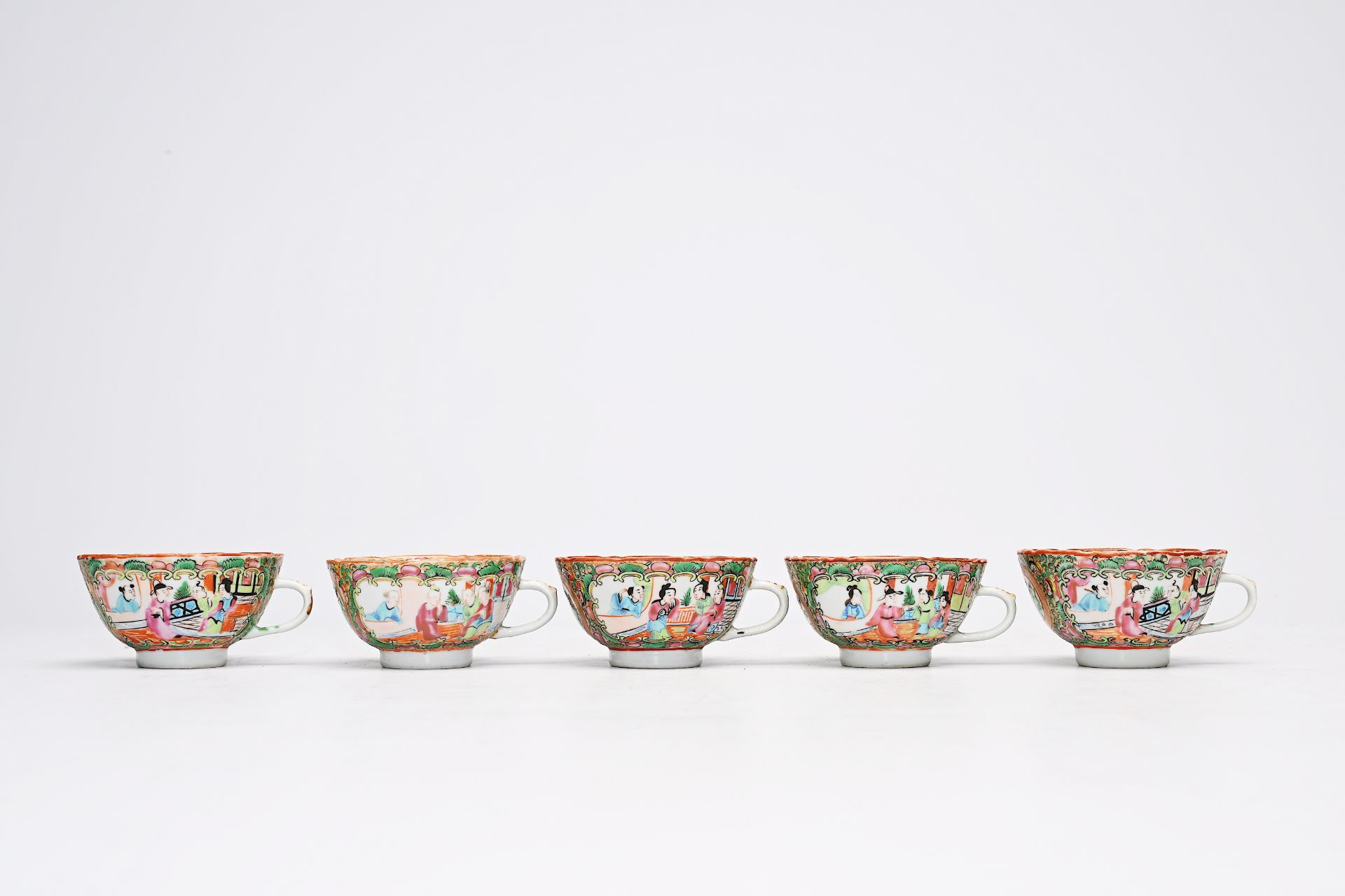 A Chinese Canton famille rose seventeen-part tea set and a bowl with palace scenes and floral design - Image 10 of 20