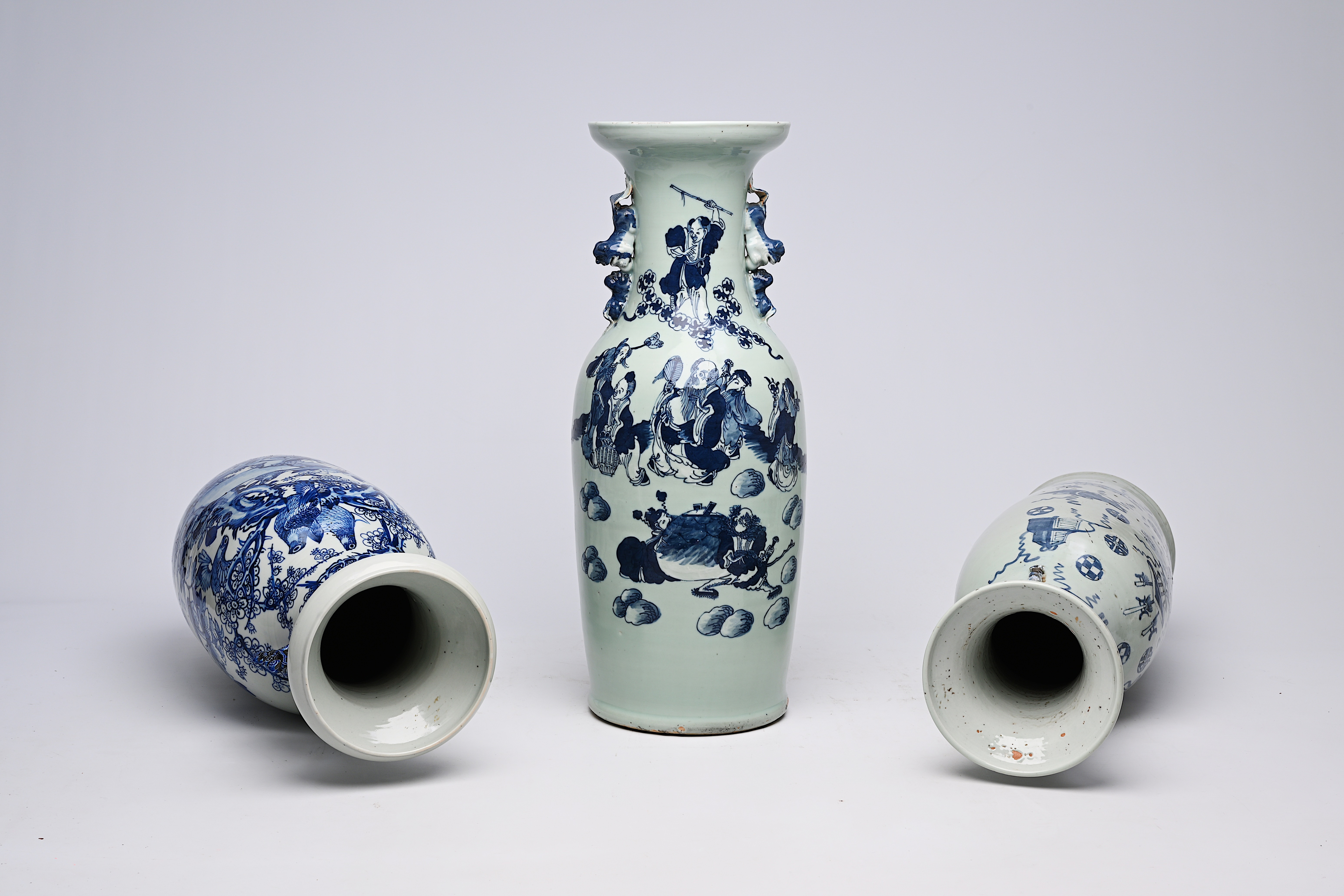 Three various Chinese blue and white celadon ground vases, 19th/20th C. - Image 14 of 16