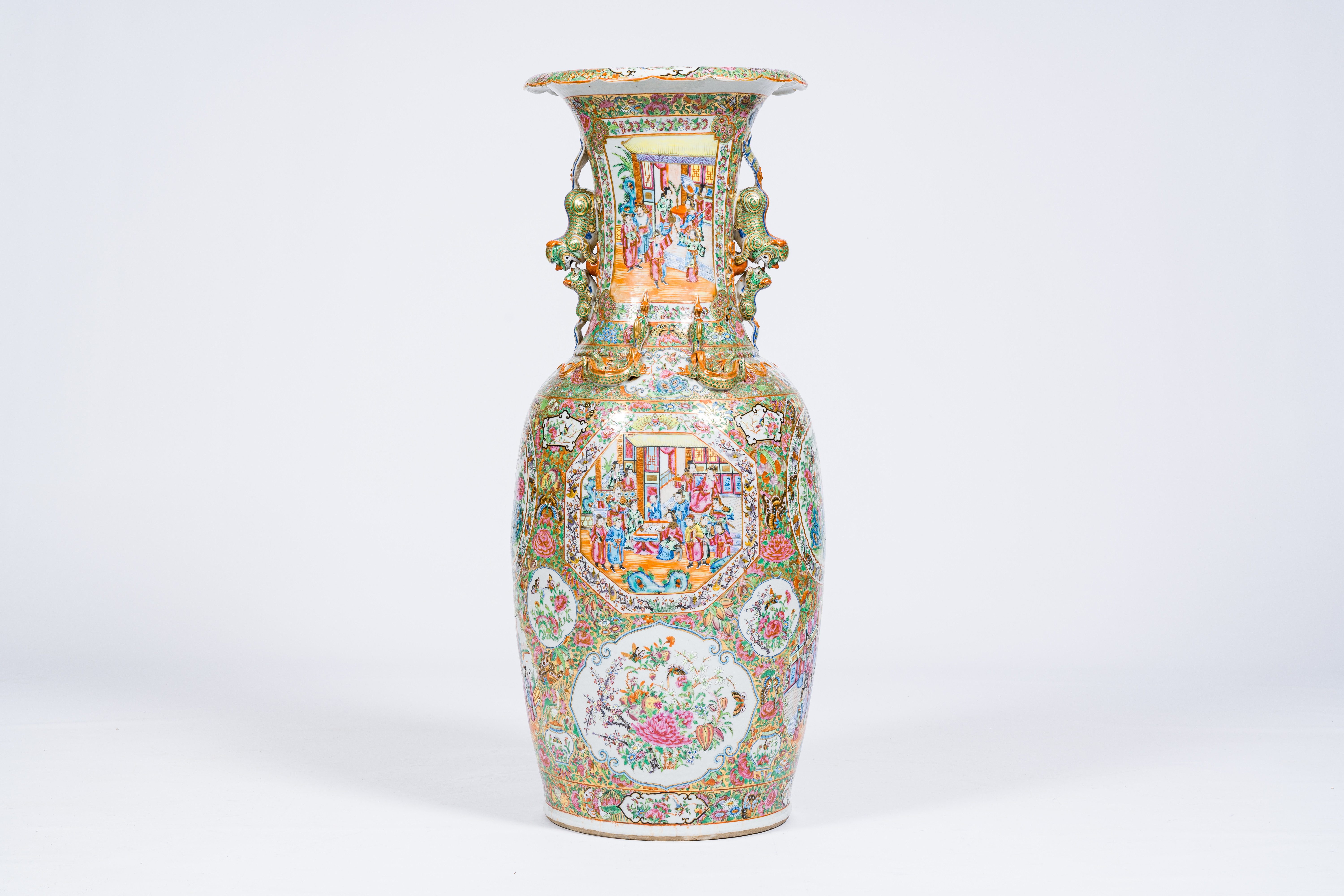 A large and fine Chinese Canton famille rose vase with palace scenes, birds and butterflies among bl - Image 3 of 6