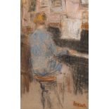Louis Dubar (1876-1951): A pianist & A church entrance, pastel on paper (two-sided)